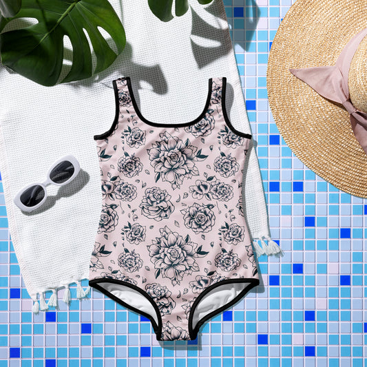 Pink Tattoo Roses Youth Swimsuit (Size 8-20)