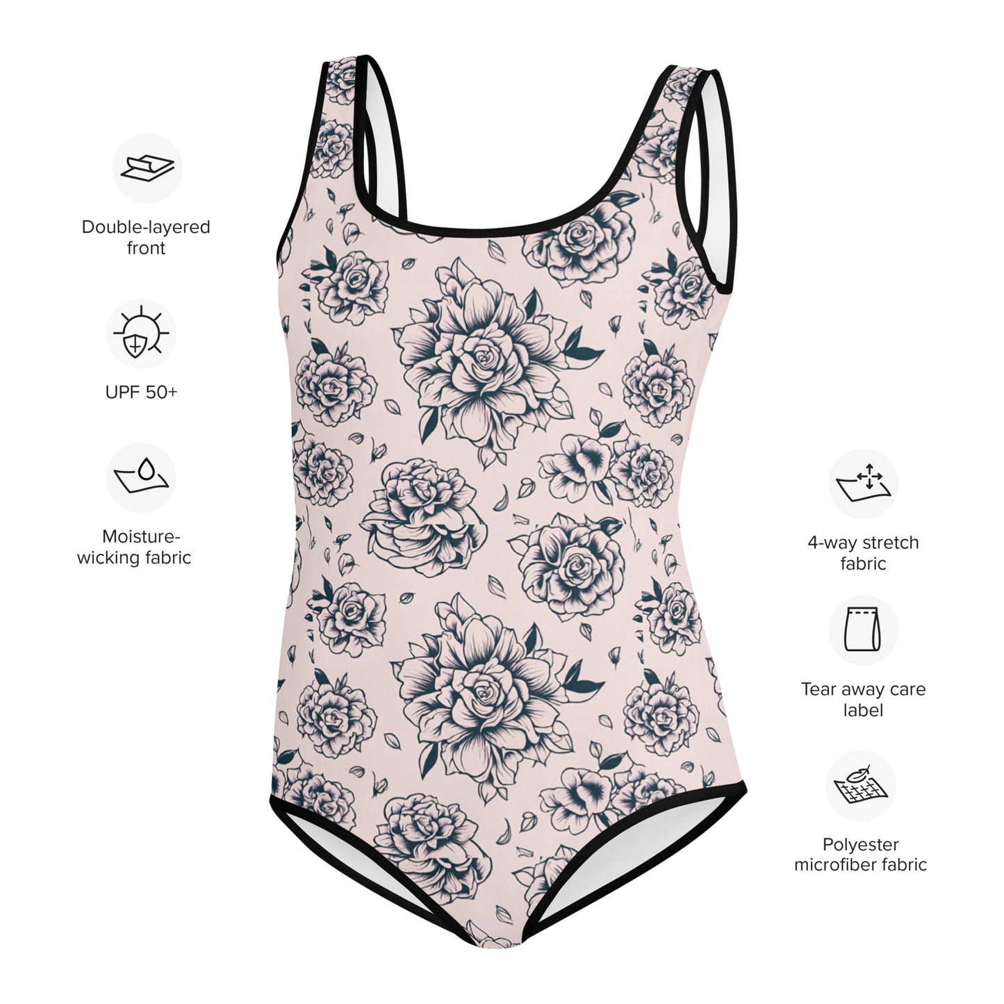 Pink Tattoo Roses Youth Swimsuit (Size 8-20)
