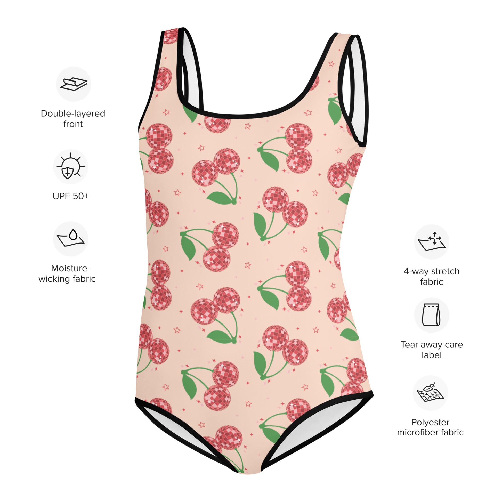 Image: Retro Cherries Youth Girls One Piece Bathing Suit. This fruit inspired swimsuit is a part of our Family Matching Swimwear Collection, and features a pink background with red disco ball cherries and stars, by jaecrece