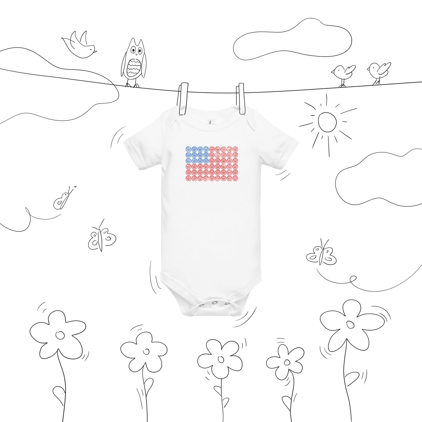 White baby bodysuit onesie. The graphic is an American flag, made up of Blue and Red Vintage smiley faces, by jaecrece.com