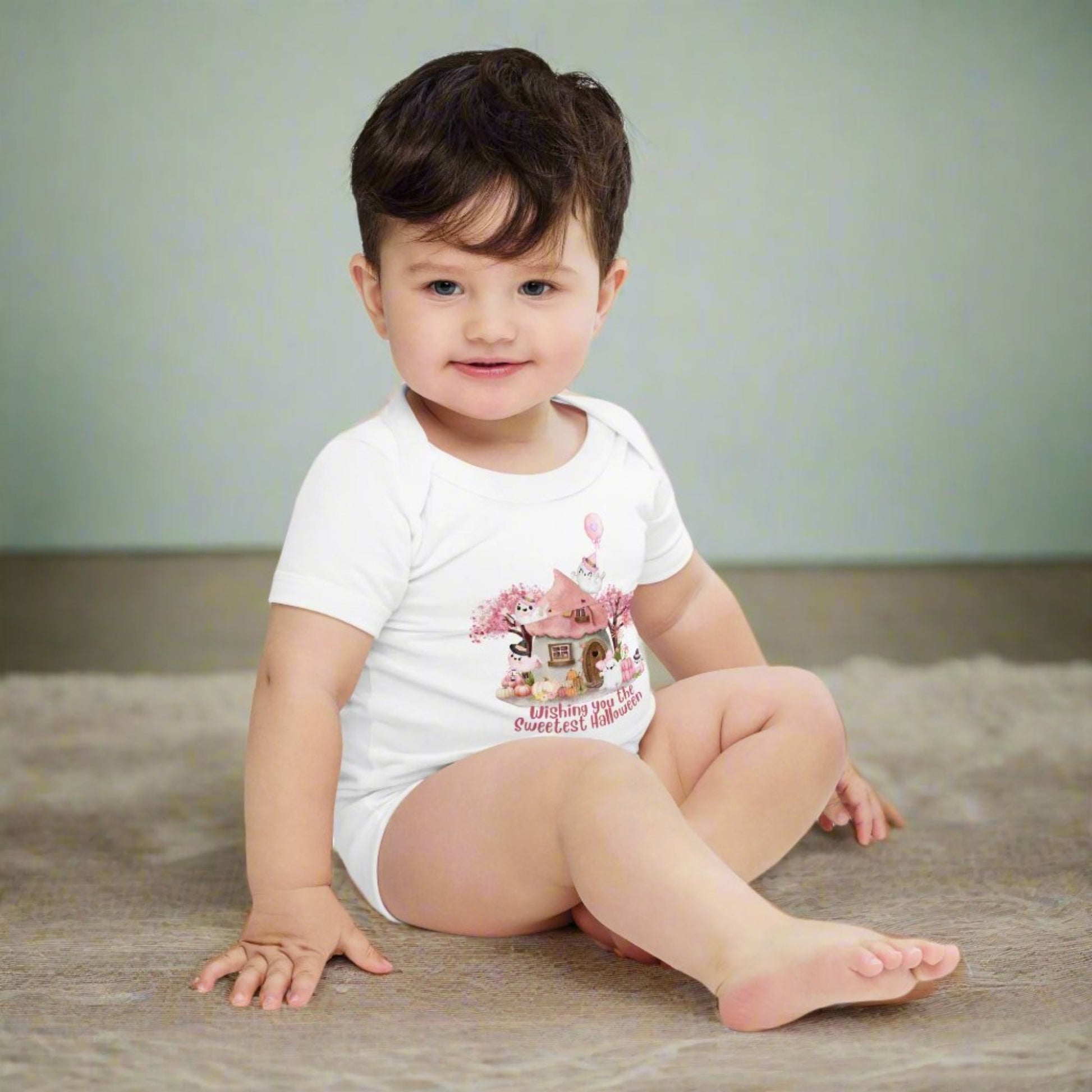 Image: Capture Halloween memories with this pastel pink Halloween onesie, made for baby girls and featuring adorable ghost friends, pink fall leaves, and an enchanted cottage. Perfect for baby’s first Halloween, costume parties, and everyday fall wear, this soft cotton bodysuit is equal parts cozy and charming, by jaecrece.