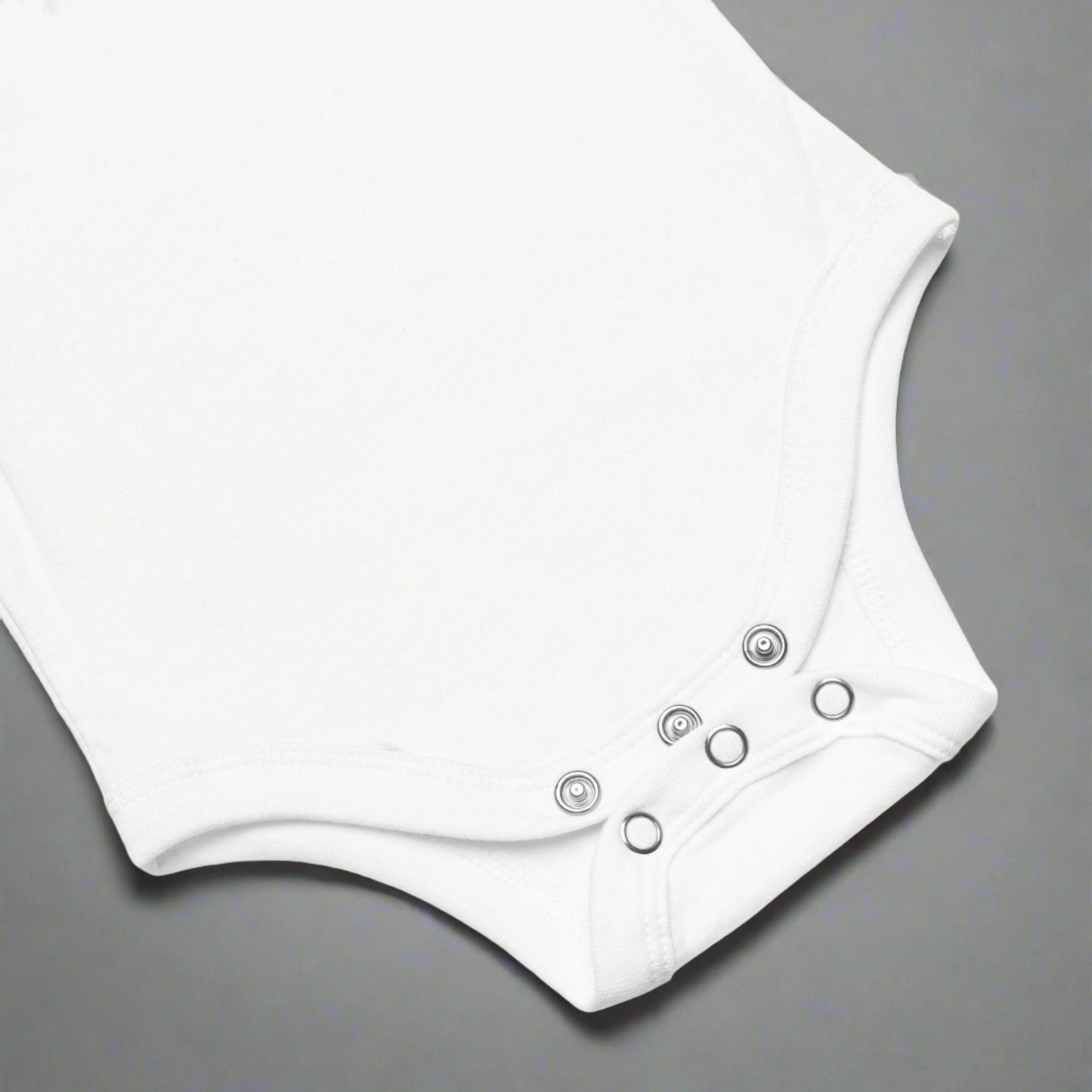 White baby bodysuit onesie. The graphic is an American flag, made up of Blue and Red Vintage smiley faces, by jaecrece.com