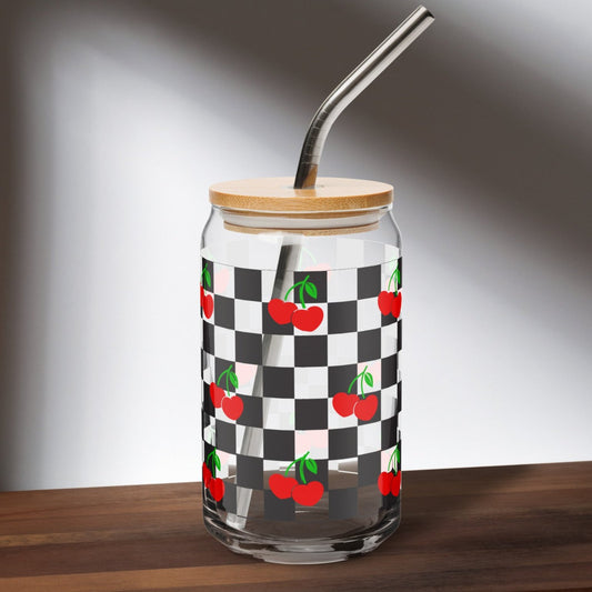Cherry Checkerboard 16 oz Sipper Glass with wooden lid and metal straw, featuring a black checkboard pattern with red cherries and green stems. Perfect travel mug for iced coffee or mocktails, by jaecrece