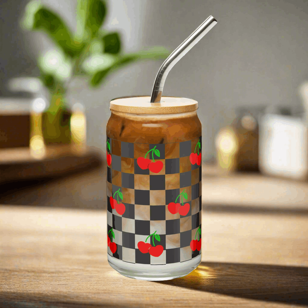 Cherry Checkerboard 16 oz Sipper Glass with wooden lid and metal straw, featuring a black checkboard pattern with red cherries and green stems. Perfect travel mug for iced coffee or mocktails, by jaecrece
