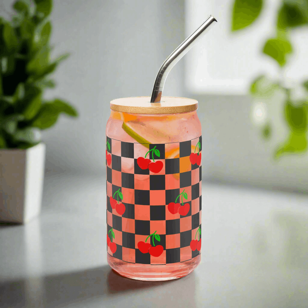 Cherry Checkerboard 16 oz Sipper Glass with wooden lid and metal straw, featuring a black checkboard pattern with red cherries and green stems. Perfect travel mug for iced coffee or mocktails, by jaecrece