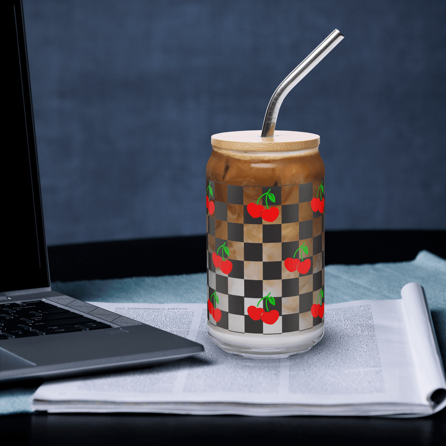 Cherry Checkerboard 16 oz Sipper Glass with wooden lid and metal straw, featuring a black checkboard pattern with red cherries and green stems. Perfect travel mug for iced coffee or mocktails, by jaecrece