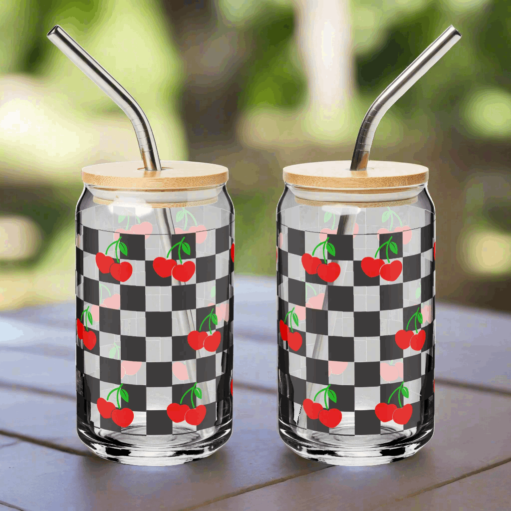 Cherry Checkerboard 16 oz Sipper Glass with wooden lid and metal straw, featuring a black checkboard pattern with red cherries and green stems. Perfect travel mug for iced coffee or mocktails, by jaecrece