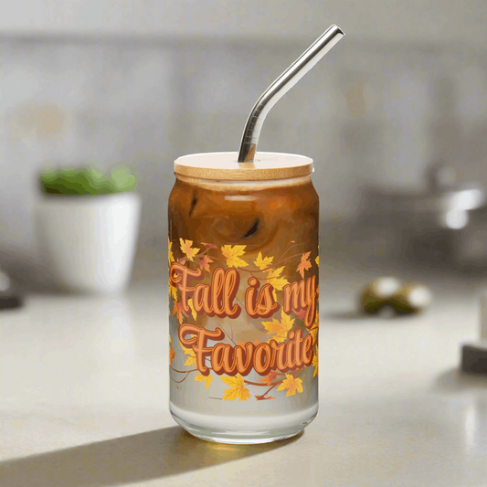 Fall is My Favorite 16 oz Sipper Glass with Lid and metal straw, perfect for iced coffee or mocktails. Features a fall leaf design in burnt orange and deep red with the text Fall is My Favorite, by jaecece