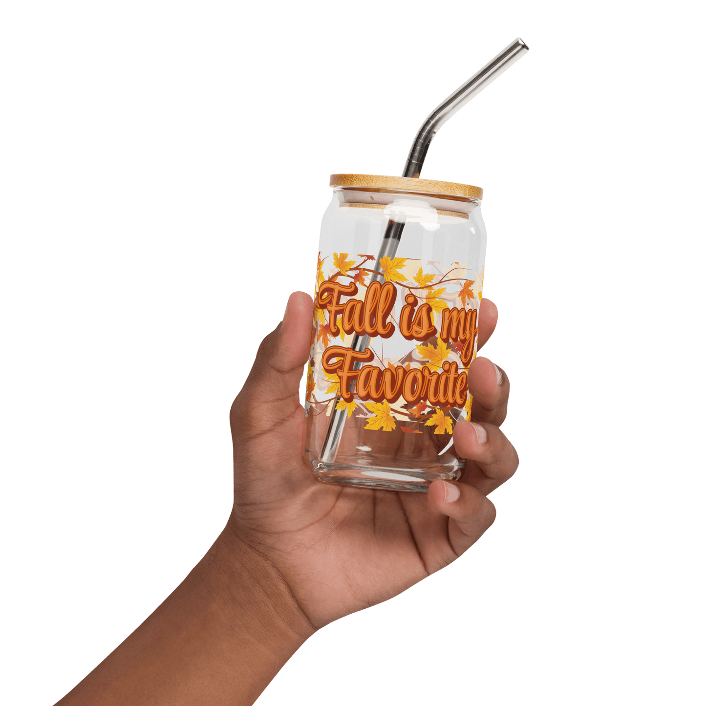 Fall is My Favorite 16 oz Sipper Glass with Lid and metal straw, perfect for iced coffee or mocktails. Features a fall leaf design in burnt orange and deep red with the text Fall is My Favorite, by jaecece