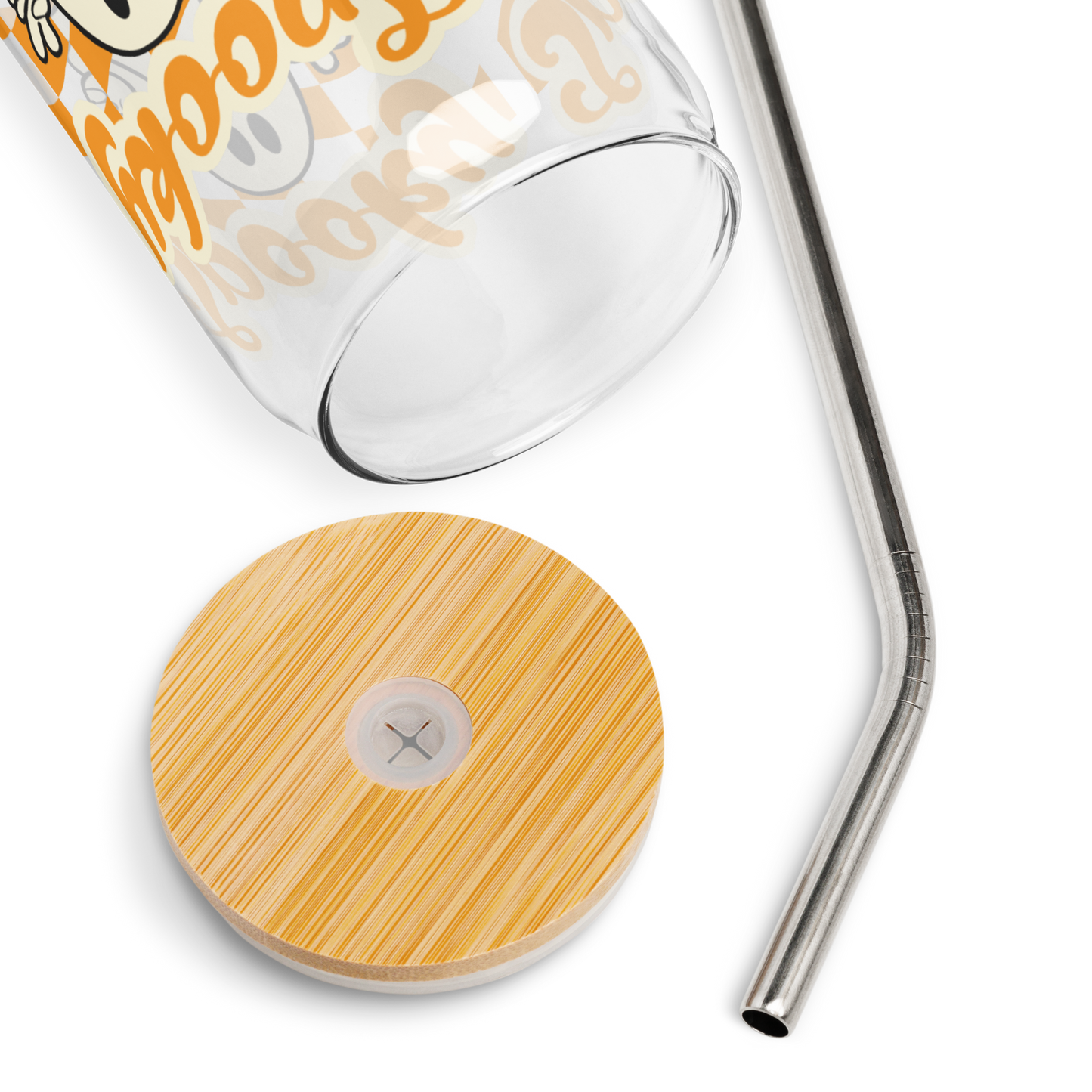 Cute Ghost Halloween Fall 16 oz Sipper Glass Funny Halloween Gift for Mom Spooky Mama Halloween Glass Coffee Cup, featuring a orange checkerboard design with a white ghost giving the peace sign and the text Spooky Mama in orange and white cursive bubble font by jaecrece.com