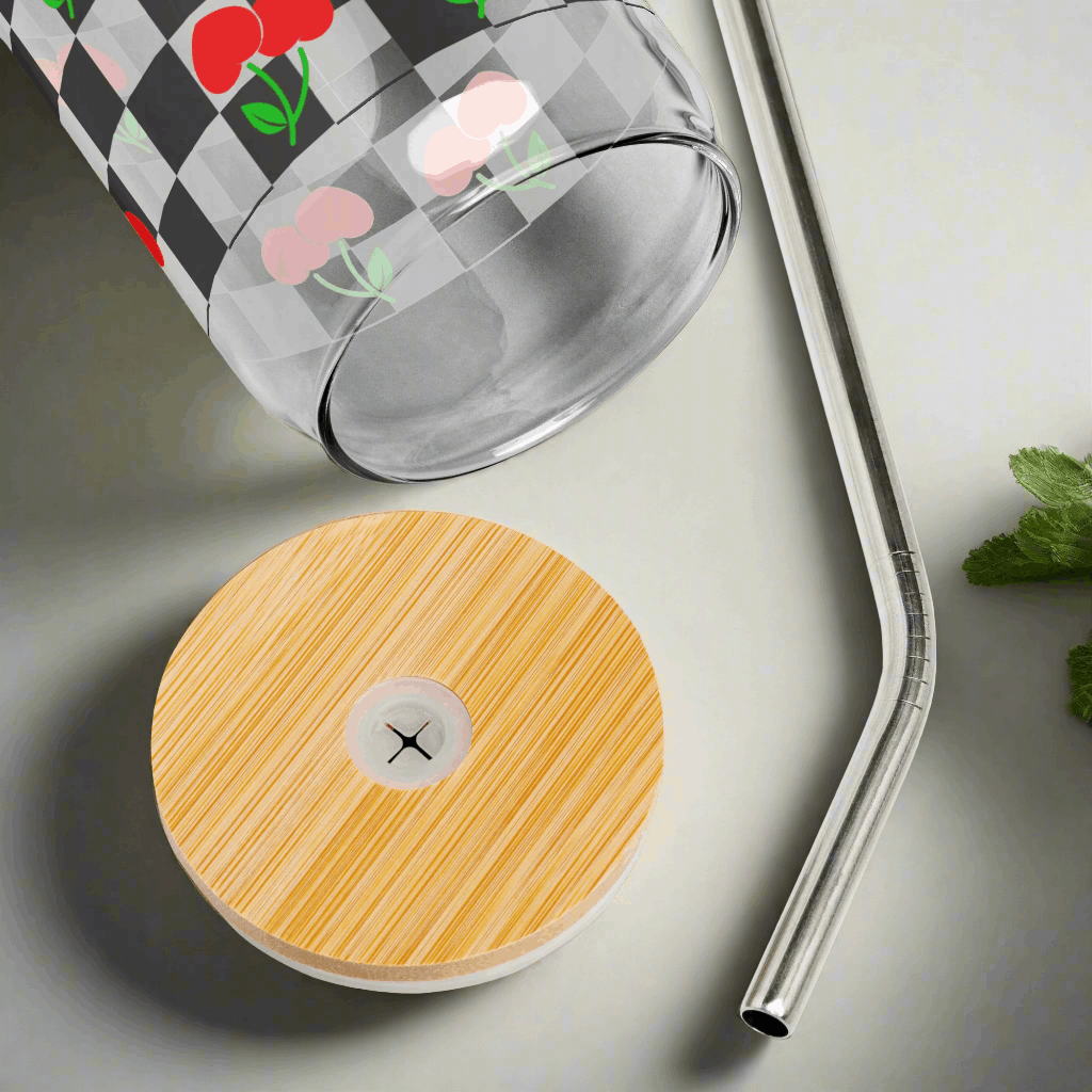 Cherry Checkerboard 16 oz Sipper Glass with wooden lid and metal straw, featuring a black checkboard pattern with red cherries and green stems. Perfect travel mug for iced coffee or mocktails, by jaecrece