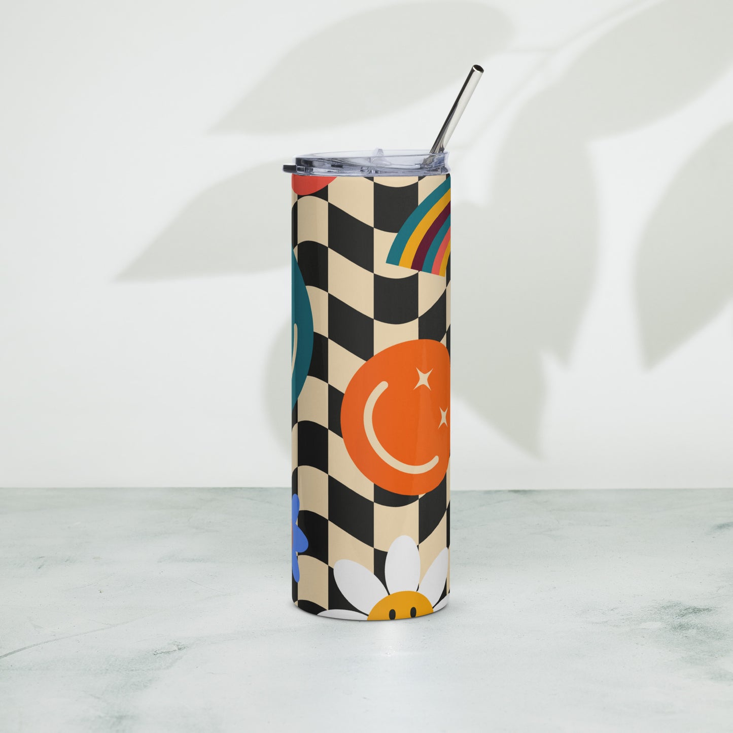 Smiley Face Checkerboard 20 oz Stainless Steel Tumbler, created with a fun black and tan checker pattern with rainbows, smiley faces and daisies, by jaecrece.com