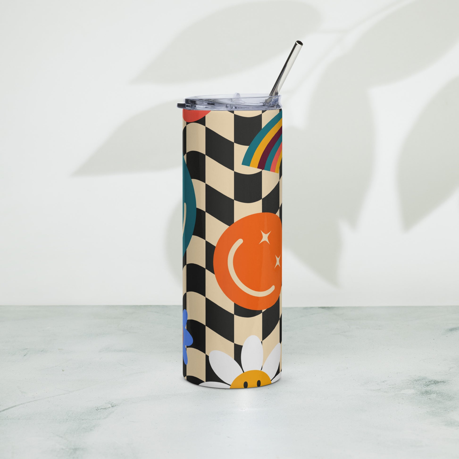 Smiley Face Checkerboard 20 oz Stainless Steel Tumbler, created with a fun black and tan checker pattern with rainbows, smiley faces and daisies, by jaecrece.com