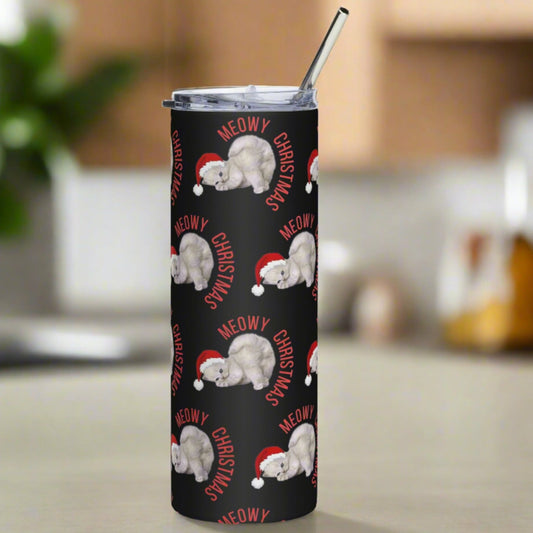 Meowy Christmas 20 oz Stainless Steel Tumbler, featuring a graphic of a grey kitten wearing a red Santa hat, with the text "Meowy Christmas", by jaecrece.com
