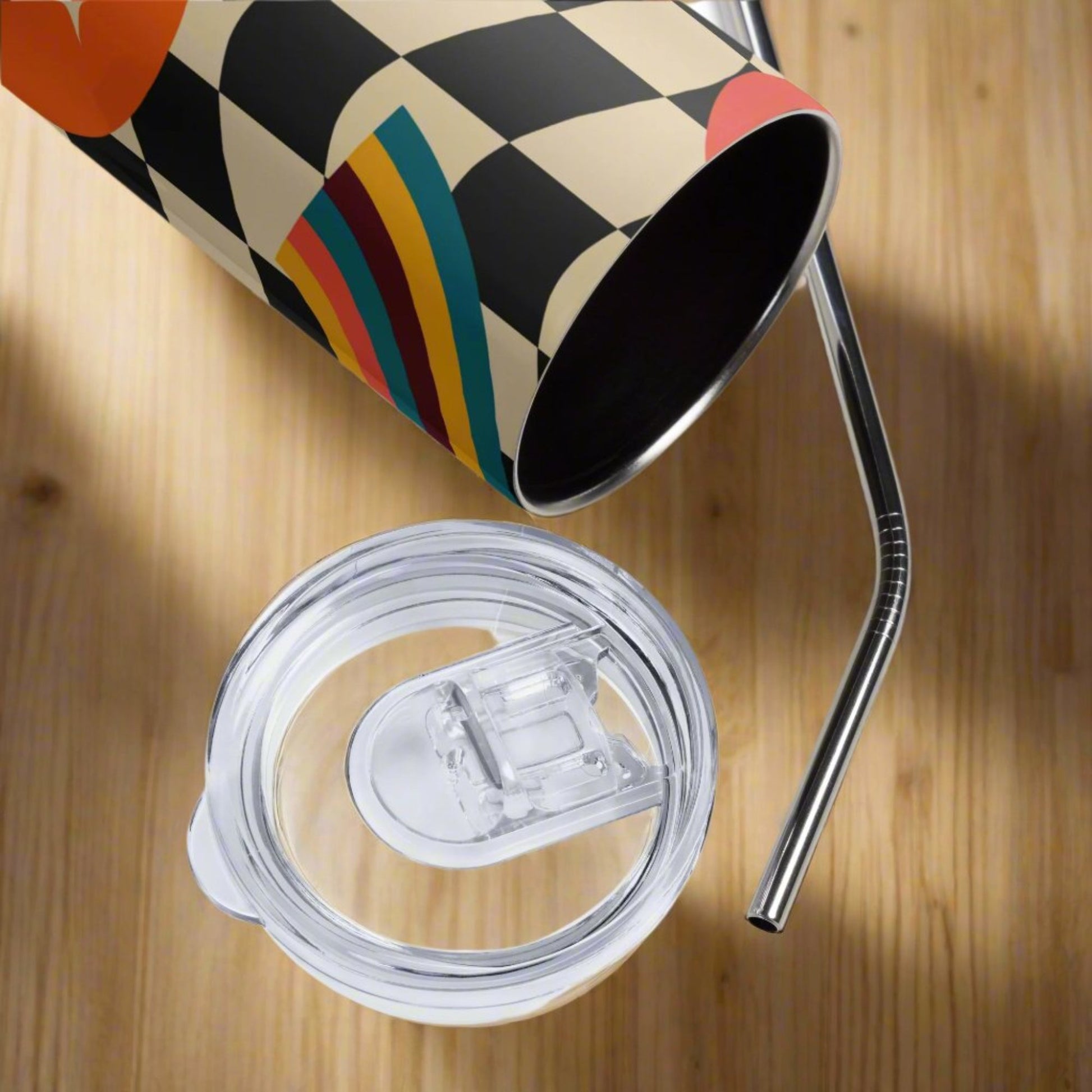 Smiley Face Checkerboard 20 oz Stainless Steel Tumbler, created with a fun black and tan checker pattern with rainbows, smiley faces and daisies, by jaecrece.com