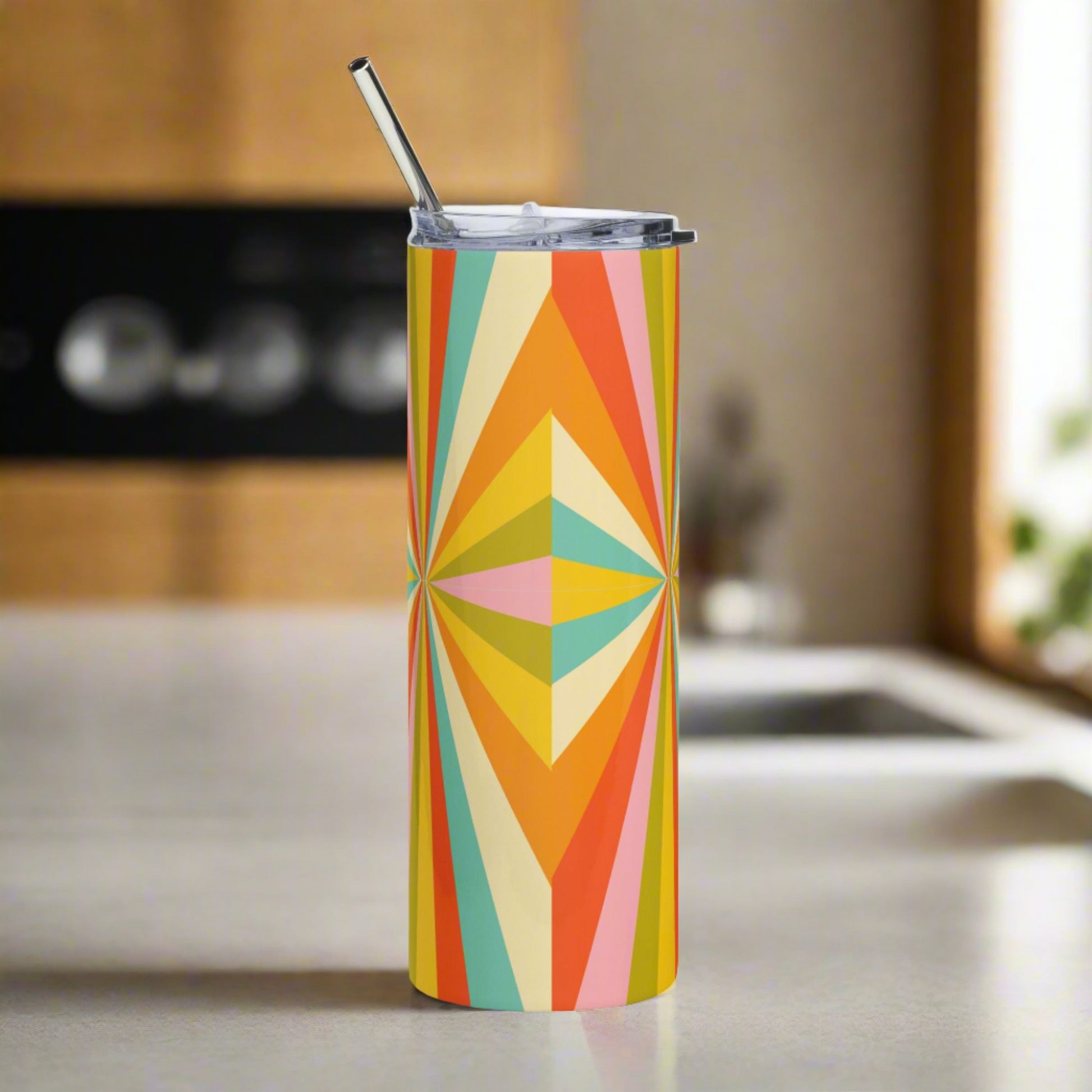 Mid Century Modern Geometric Stainless Steel 20 oz Tumbler, in shades of red, orange, yellow, green and teal, by jaecrece.com