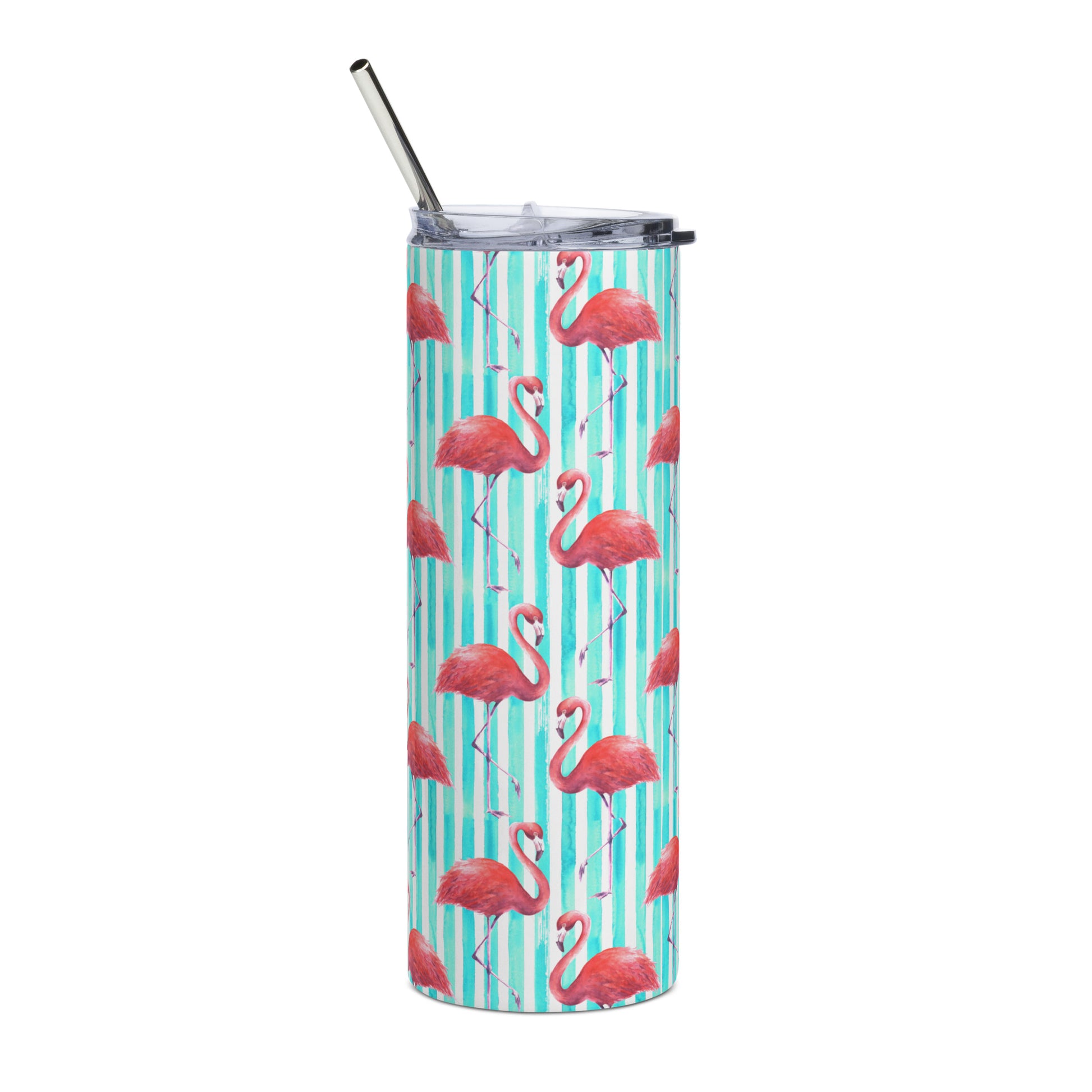 Tropical flamingo print tumbler in 20 oz stainless steel, perfect for keeping cold drinks icy at the beach or park. Includes a lid and straw, making it ideal for iced coffee, lemonade, or smoothies. This summer flamingo tumbler is a fun gift for girls, friends, or flamingo lovers who want reusable, eco-friendly drinkware with personality and charm.