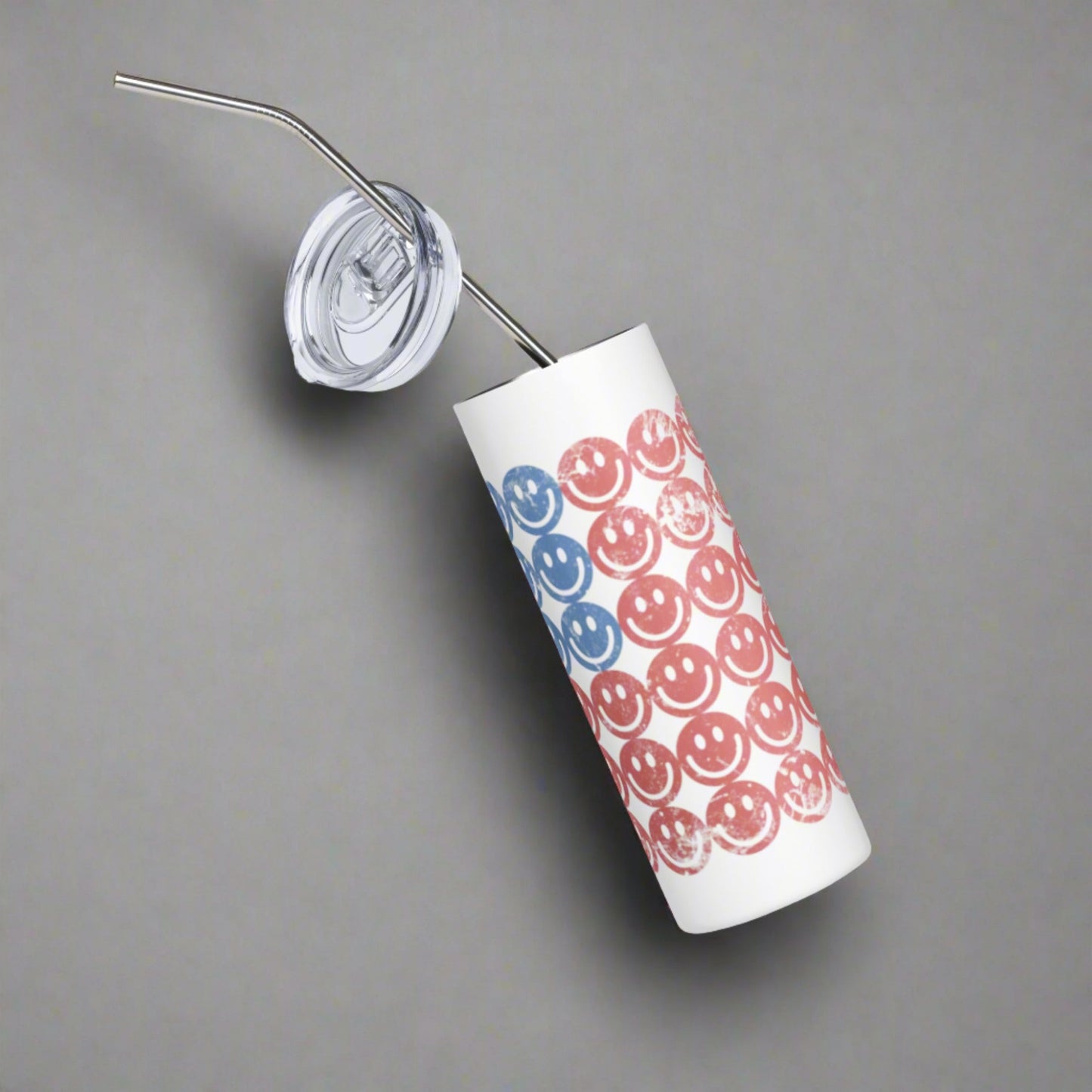 Smiley Face American Flag Stainless Steel Travel Mug , with red white and blue retro pattern, by jaecrece.com