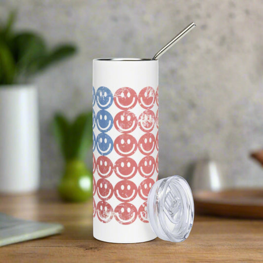 Smiley Face American Flag Stainless Steel Travel Mug , with red white and blue retro pattern, by jaecrece.com