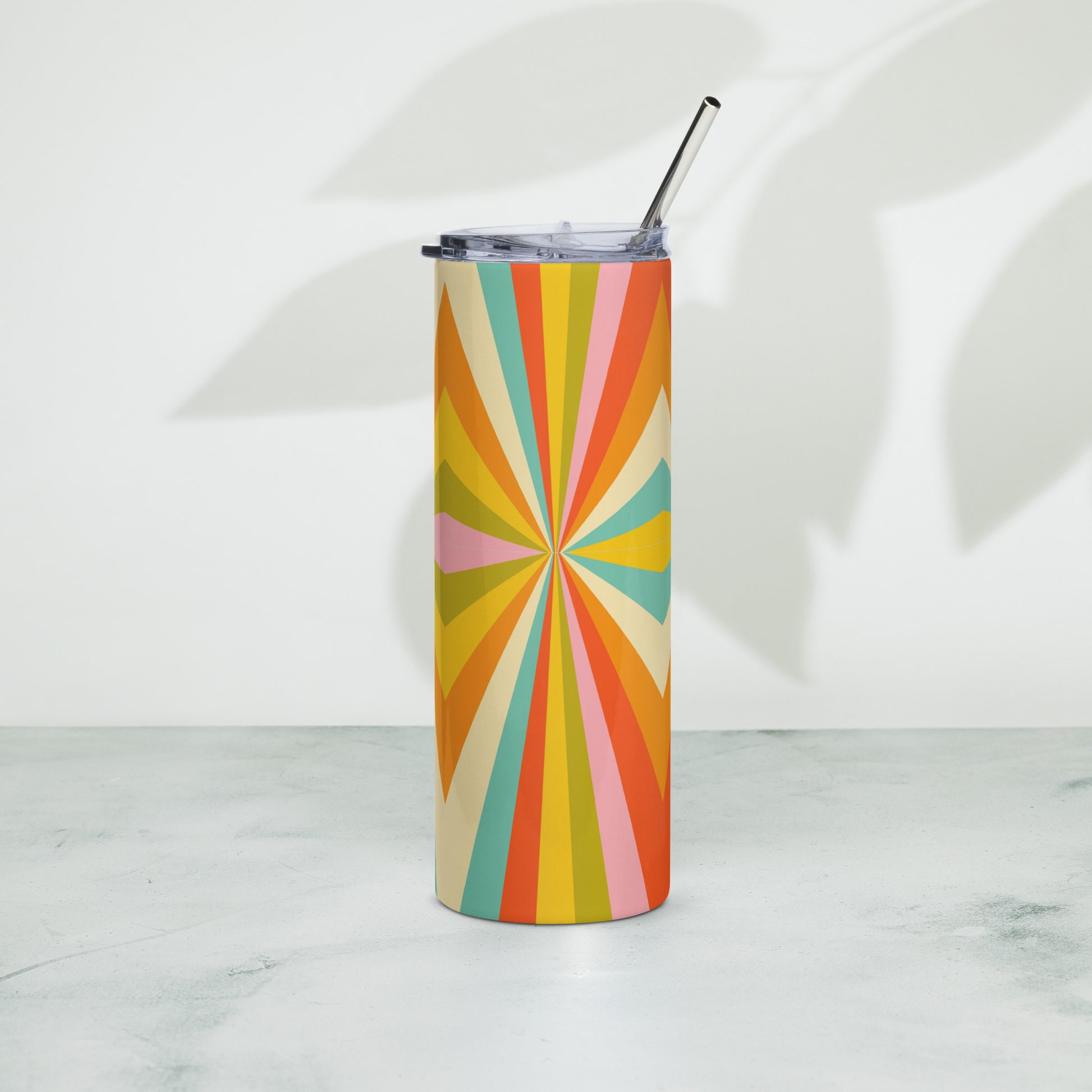 Mid Century Modern Geometric Stainless Steel 20 oz Tumbler, in shades of red, orange, yellow, green and teal, by jaecrece.com