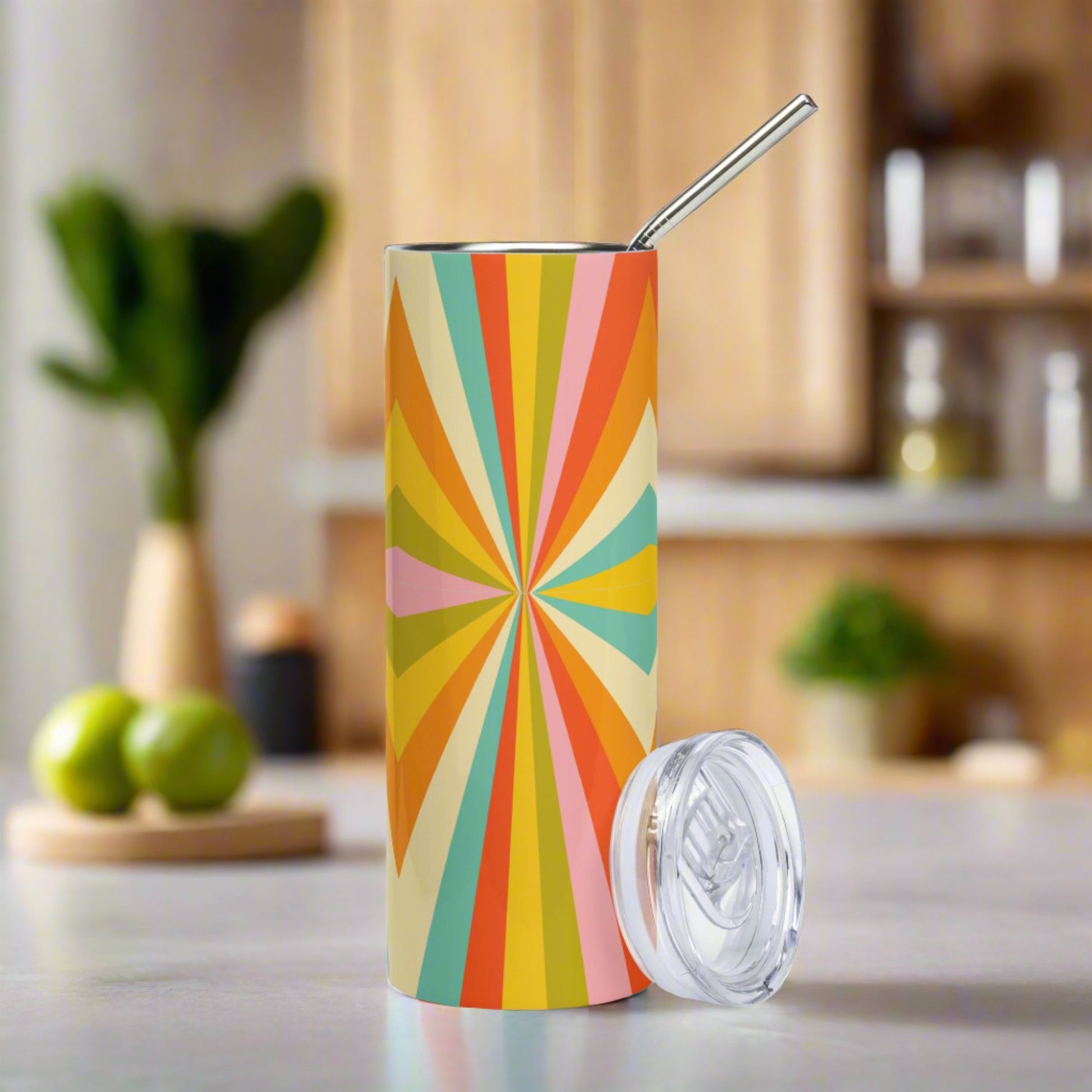 Mid Century Modern Geometric Stainless Steel 20 oz Tumbler, in shades of red, orange, yellow, green and teal, by jaecrece.com