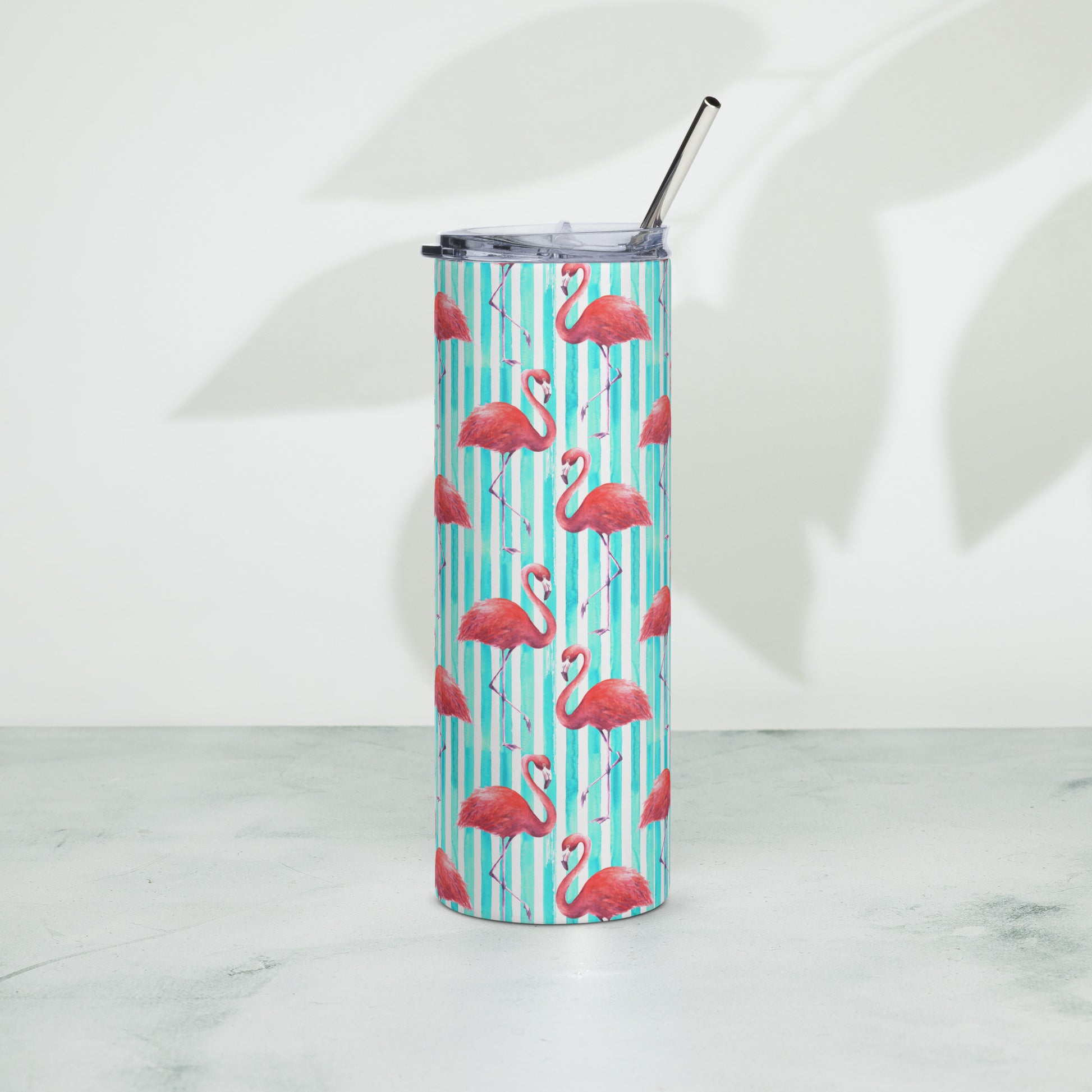 Reusable stainless steel flamingo tumbler in 20 oz size, perfect for summer drinks like cold brew, iced tea, or smoothies. Features a colorful flamingo design and includes a secure lid and straw. Great for beach trips, backyard barbecues, or as a flamingo gift idea for women. A fun, practical travel cup for staying hydrated with tropical flair all season long.