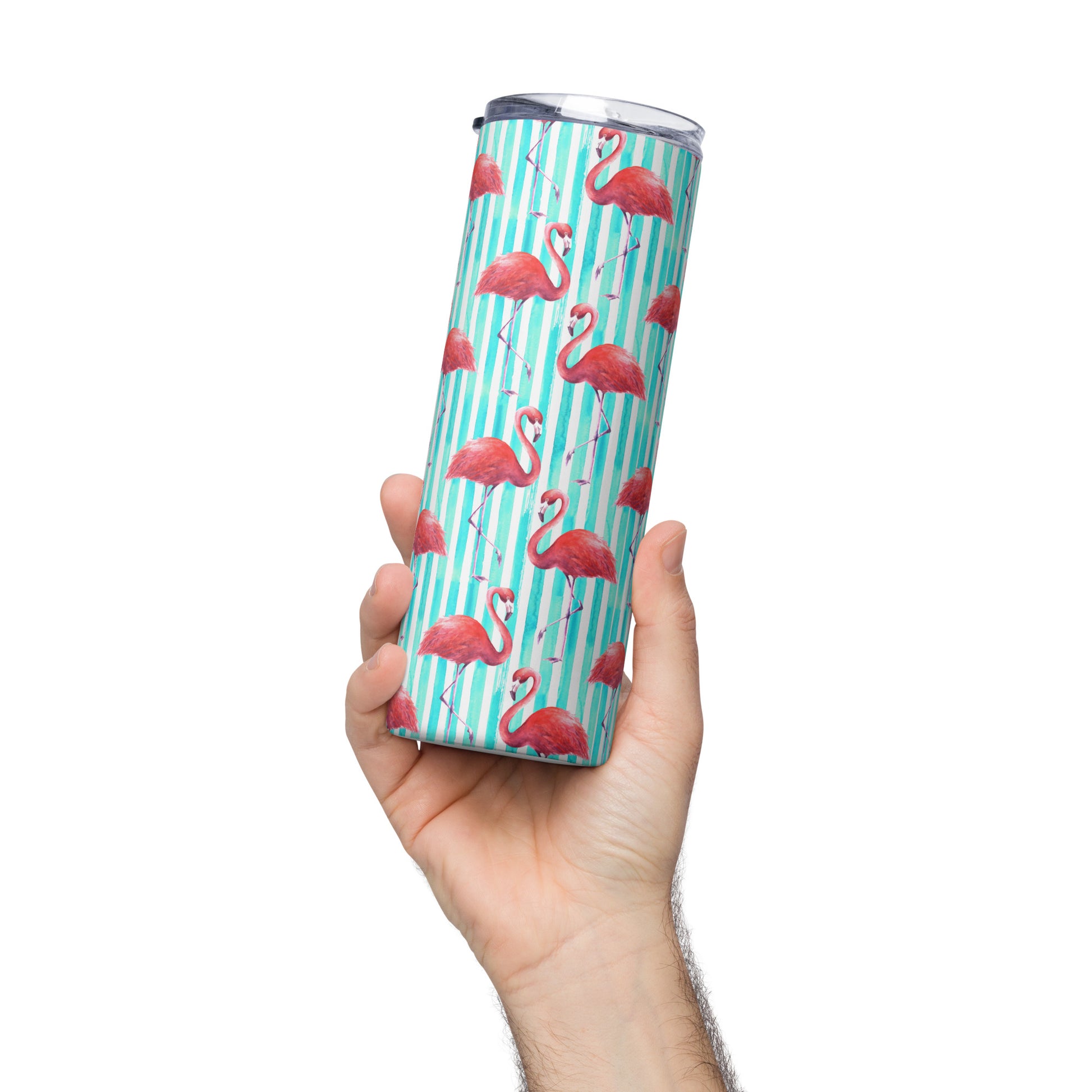 Fun and functional flamingo tumbler, 20 oz insulated stainless steel cup with bright tropical design. Keeps drinks cold for hours, making it ideal for summer adventures, beach vacations, and daily commutes. Flamingo print appeals to tropical lovers, flamingo fans, and gift buyers. This reusable tumbler with straw is perfect for iced coffee or lemonade on the go.