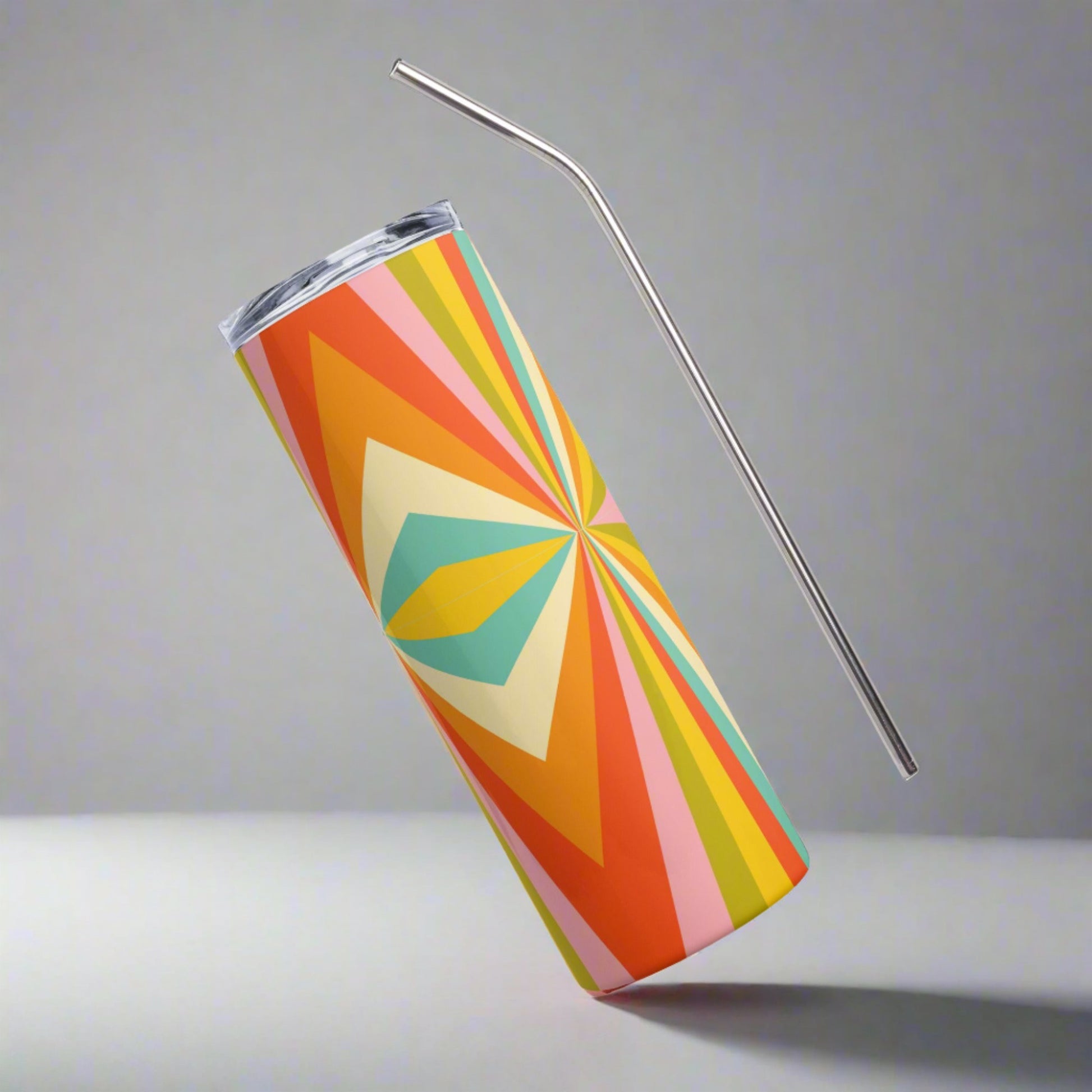 Mid Century Modern Geometric Stainless Steel 20 oz Tumbler, in shades of red, orange, yellow, green and teal, by jaecrece.com