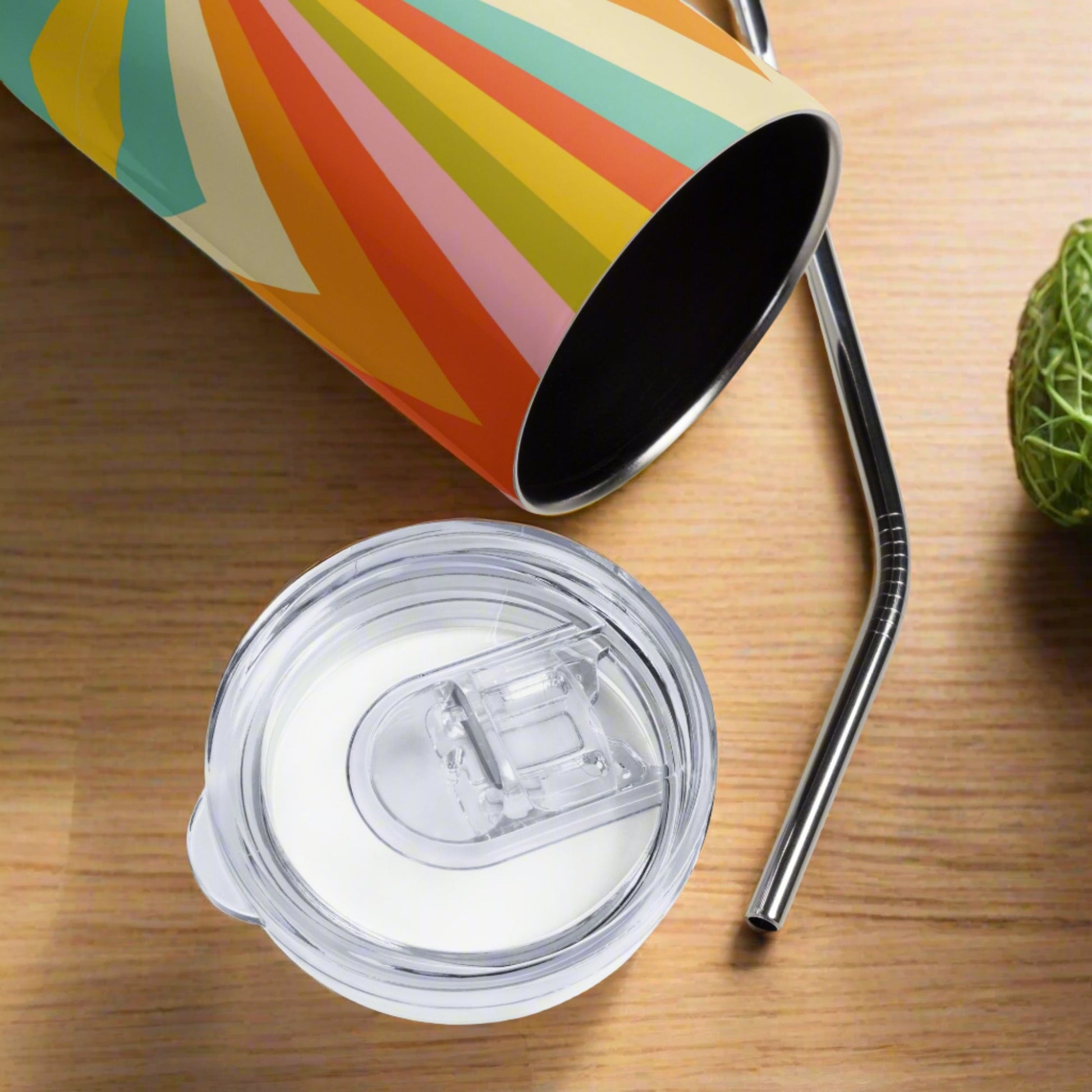 Mid Century Modern Geometric Stainless Steel 20 oz Tumbler, in shades of red, orange, yellow, green and teal, by jaecrece.com