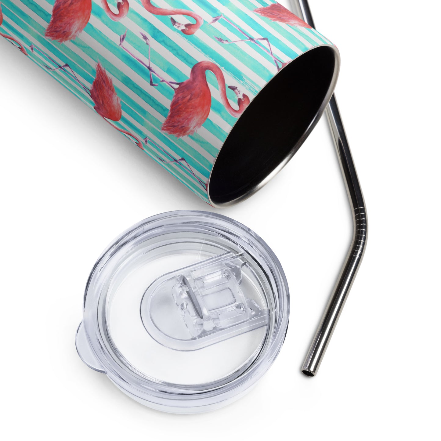 Summer flamingo travel tumbler in 20 oz size, perfect for iced coffee, cold drinks, and tropical vibes. Features a bold flamingo design on stainless steel with lid and straw for easy sipping. Ideal for coastal getaways, beach lovers, and those who love cute and reusable drinkware. This flamingo tumbler makes a unique summer gift or personal treat for fun hydration.