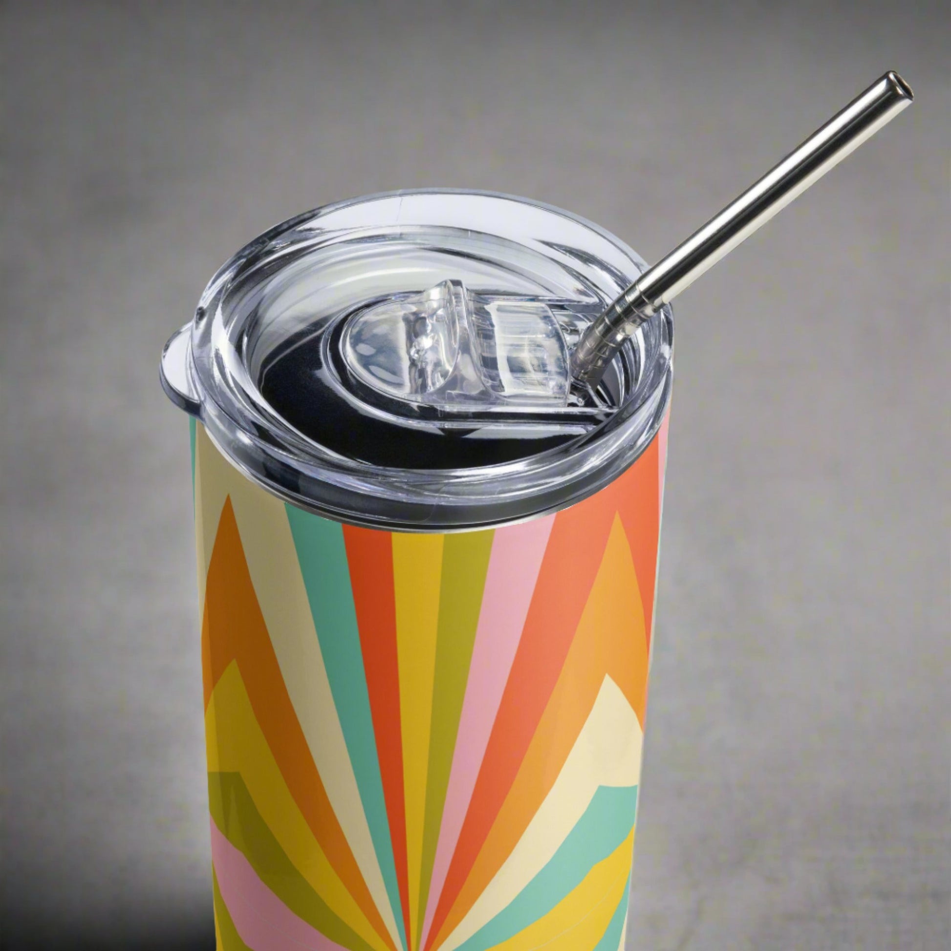 Mid Century Modern Geometric Stainless Steel 20 oz Tumbler, in shades of red, orange, yellow, green and teal, by jaecrece.com