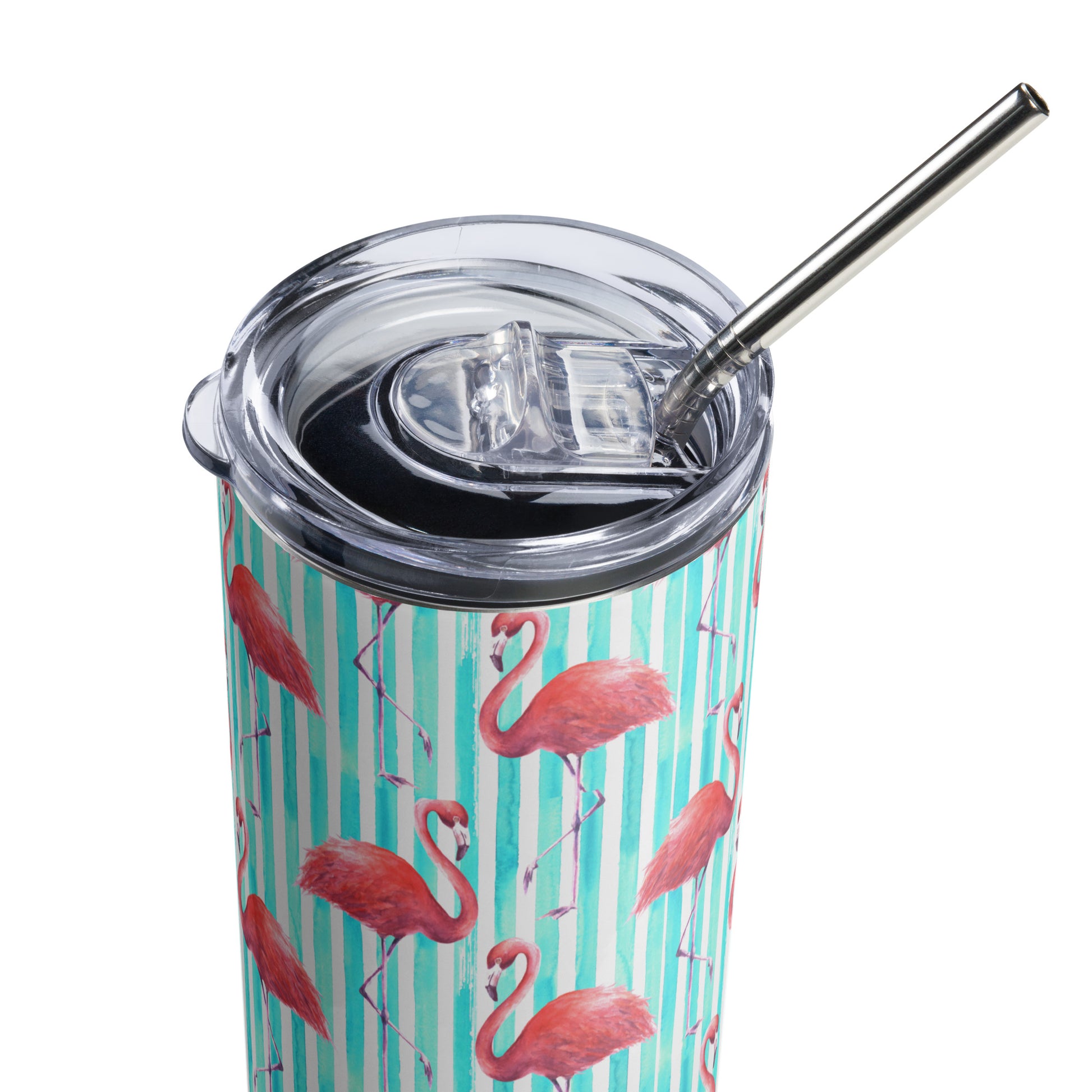 Flamingo insulated tumbler for summer, made with durable stainless steel and designed to keep drinks cold for hours. Bright tropical artwork makes it perfect for vacations, pool parties, or everyday errands. 20 oz size fits in cup holders. Reusable lid and straw make this flamingo cup a must-have for iced coffee fans, summer gift-givers, or flamingo decor lovers.
