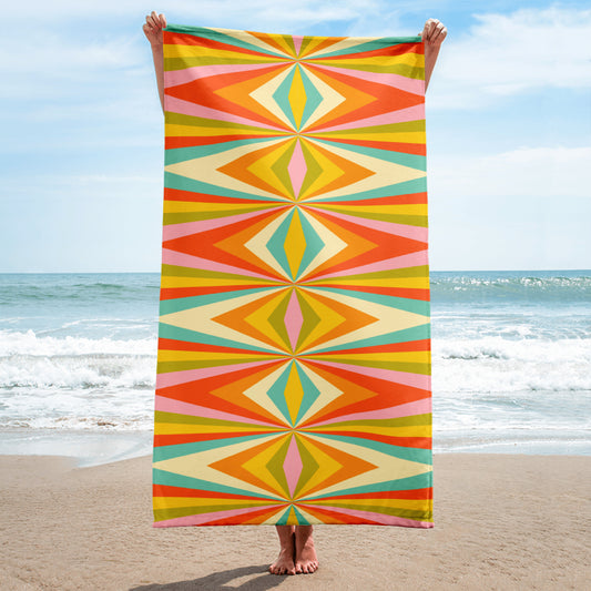 Mid Century Modern Bold Geometric Graphic Beach towel, in red, orange, green, teal, yellow and white. A perfect unique must have accessory for your next family vacation, by jaecrece.com
