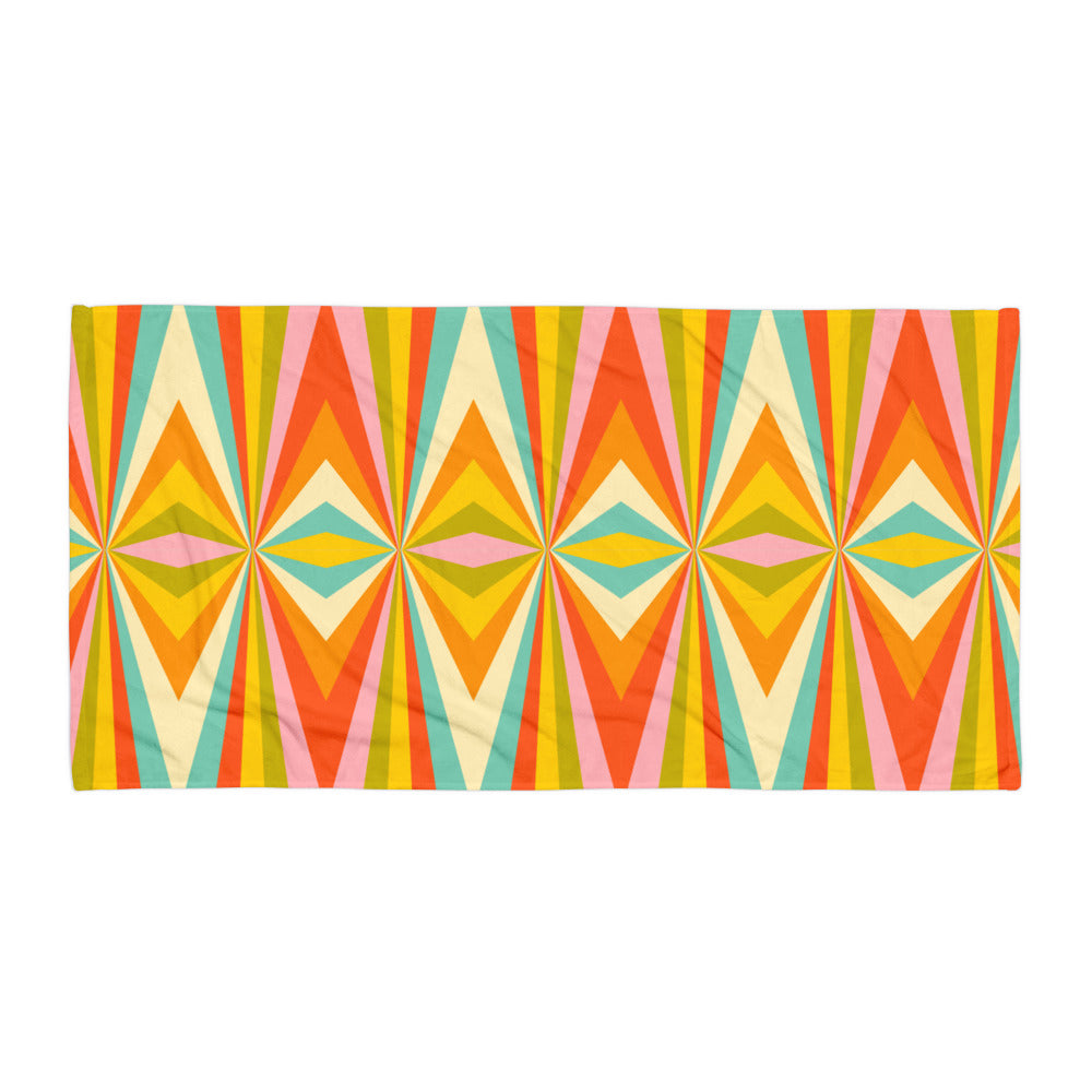 Mid Century Modern Bold Geometric Graphic Beach towel, in red, orange, green, teal, yellow and white. A perfect unique must have accessory for your next family vacation, by jaecrece.com