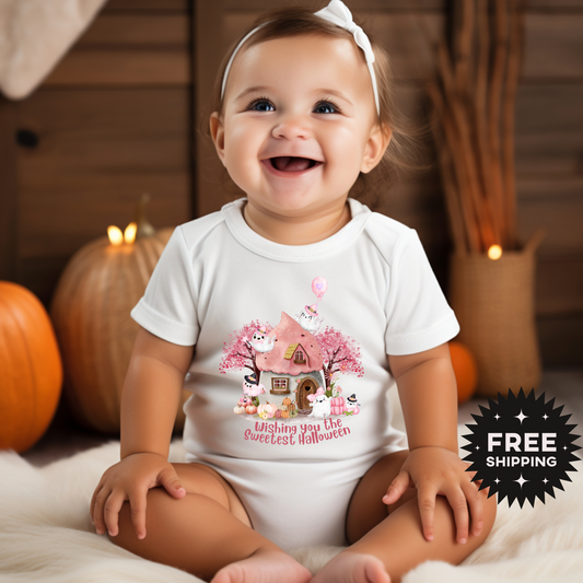 Sweet pink Halloween Baby Onesie, in baby and toddler sizes. This white body suit is girly coquette in style, and features a fairy tale cottage, pink pumpkins and cute friendly ghosts, with the text Wishing you the Sweetest Halloween, by jaecrece