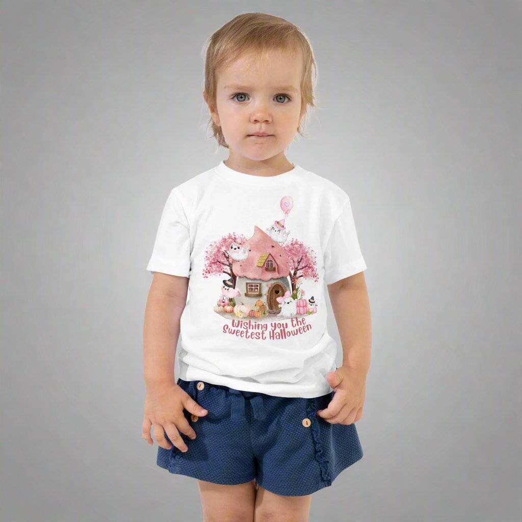 Pink toddler tshirt with a storybook cottage, pink trees, pink pumpkins and five sweet ghosts. The text reads Wishing you the sweetest halloween, by jaecrece