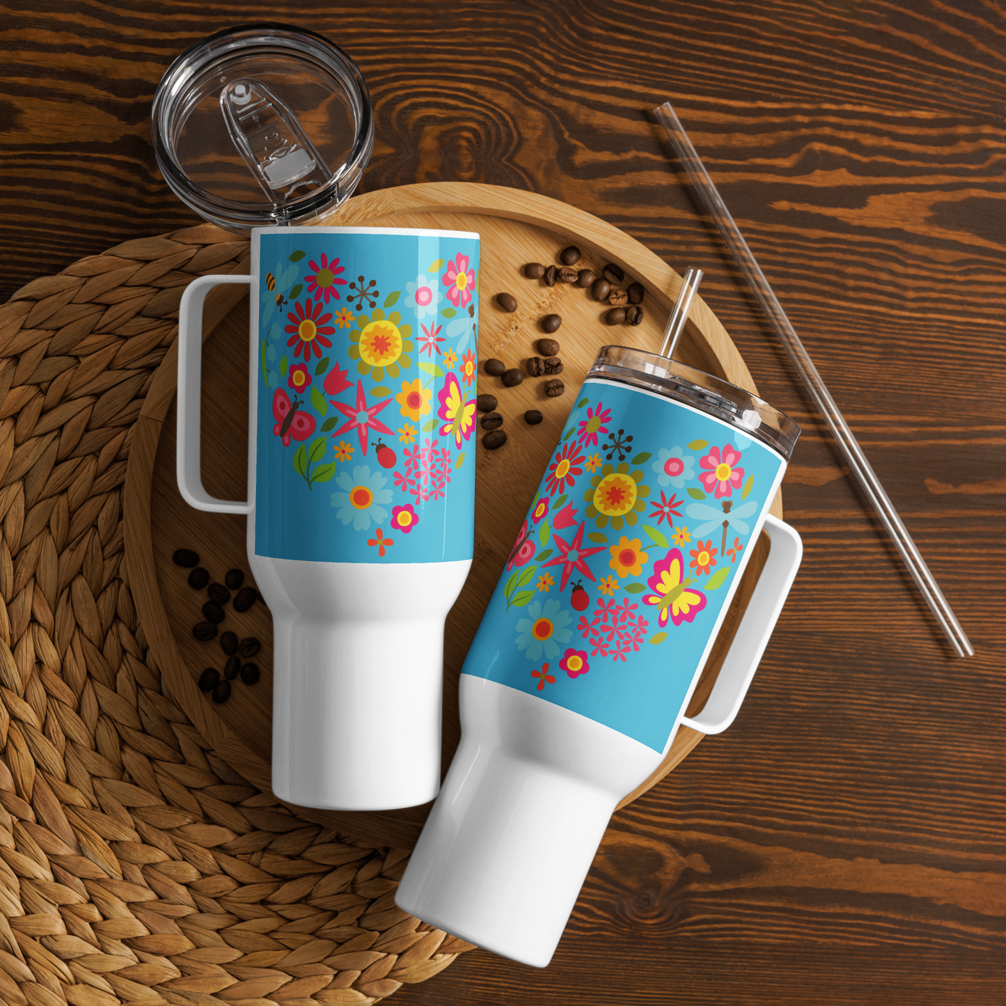 Image: This 40oz tumbler with a handle features a stunning sunflower and butterfly motif, perfect for nature lovers. The stainless steel cup comes with a lid and straw, keeping drinks hot or cold for hours. The floral design is ideal for garden lovers, boho aesthetics, or anyone who appreciates a touch of nature in their daily routine. Great for work, travel, or outdoor adventures, by jaecrece.