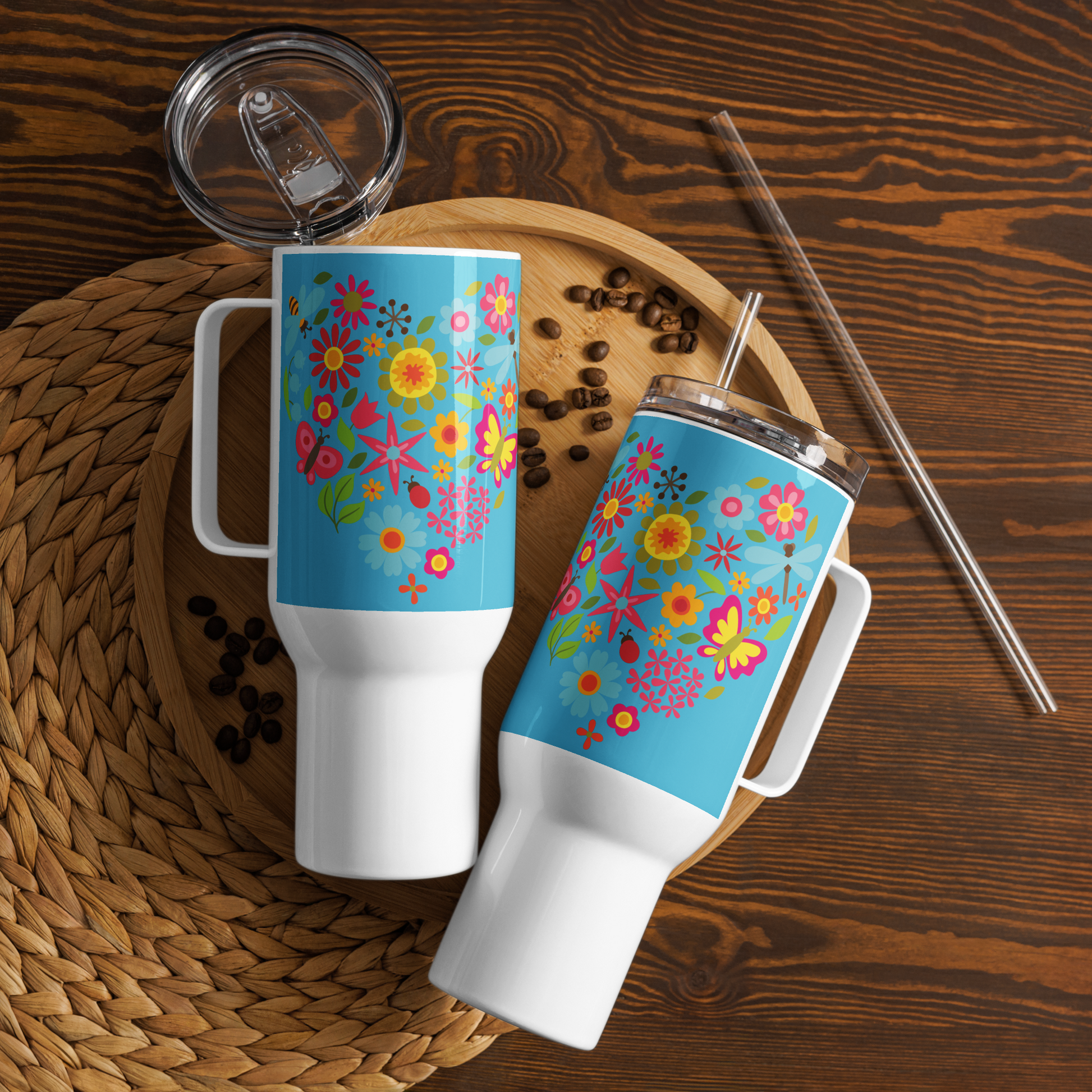 Image: This 40oz tumbler with a handle features a stunning sunflower and butterfly motif, perfect for nature lovers. The stainless steel cup comes with a lid and straw, keeping drinks hot or cold for hours. The floral design is ideal for garden lovers, boho aesthetics, or anyone who appreciates a touch of nature in their daily routine. Great for work, travel, or outdoor adventures, by jaecrece.