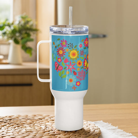 Image: A 40oz tumbler with a sturdy handle, featuring a vibrant sunflower and butterfly design. This floral travel cup includes a lid and straw, making it perfect for hot or cold drinks. Ideal for nature lovers, gardeners, or anyone who enjoys a cheerful, botanical aesthetic. A great gift for birthdays, Mother's Day, or everyday hydration with style. Bright colors and intricate details bring this stunning design to life, by jaecrece.