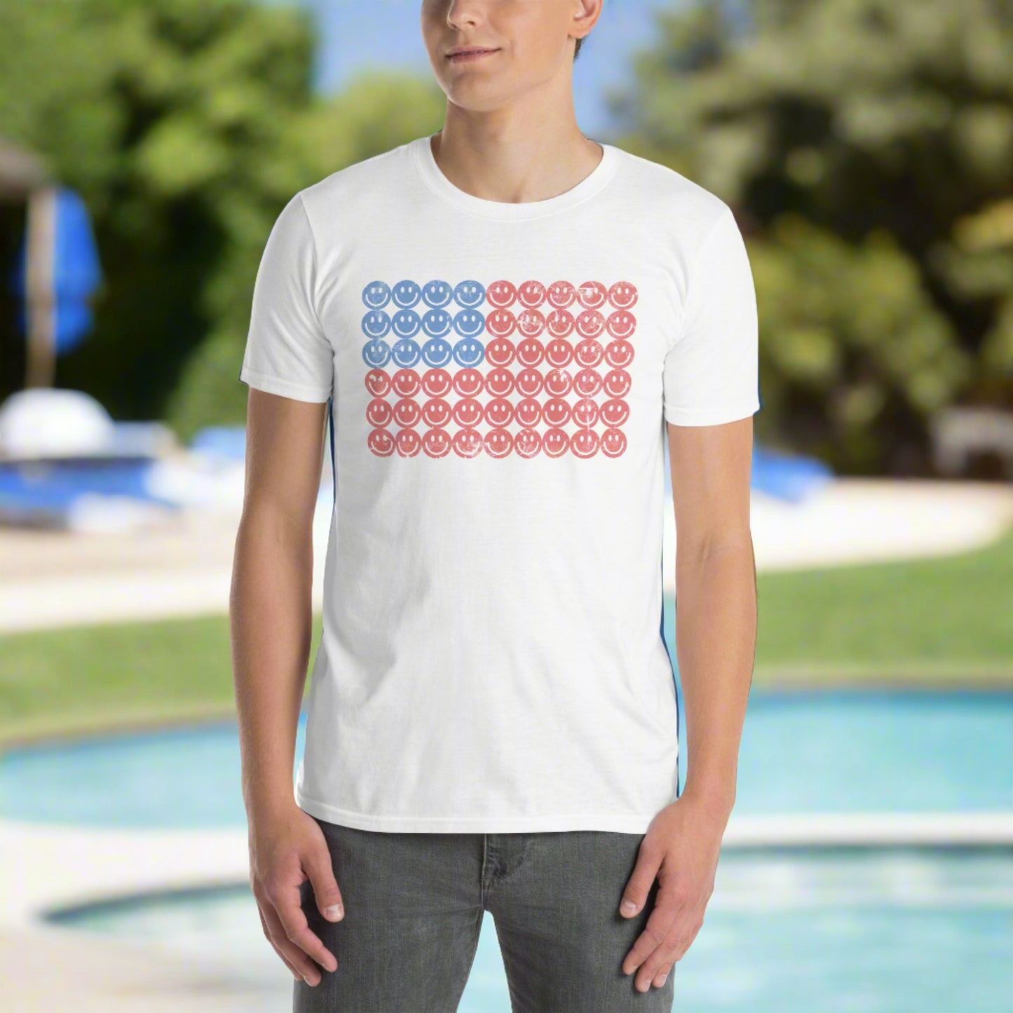 This white adult t-shirt features a retro American flag graphic made of smiley faces, blending patriotic flair with playful vintage style. Made from soft, organic cotton, this eco-friendly Fourth of July shirt is perfect for barbecues, fireworks, parades, or casual summer wear. Ideal for those who love retro American flag designs, minimalist patriotic fashion, and sustainable summer style with a fun twist.