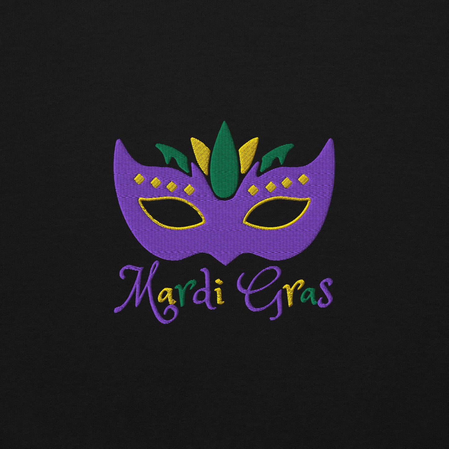 Designed for Mardi Gras fun in the French Quarter or any NOLA celebration, this adult unisex sweatshirt (S–5XL) features a detailed purple, green, and gold Carnival mask and bold “Mardi Gras” embroidery. It’s part of a family-friendly matching collection, great for New Orleans parties and parades.