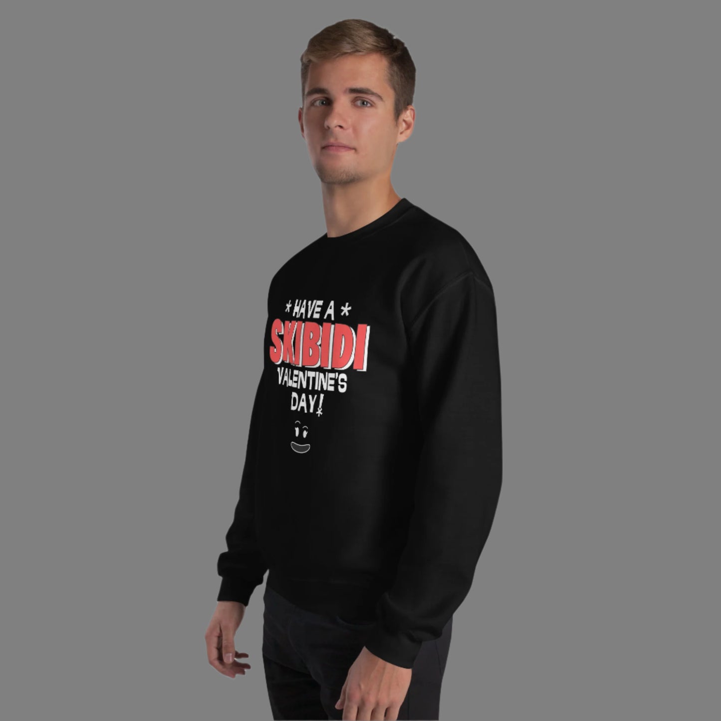 Image: Skibidi Valentines sweatshirt available in boys and mens sizes. This pullover says have a skibidi valentines day, and is a perfect gift for kids who say words like Rizz Ohio Sigma and Skibidi. Great for father and son matching, by jaecrece