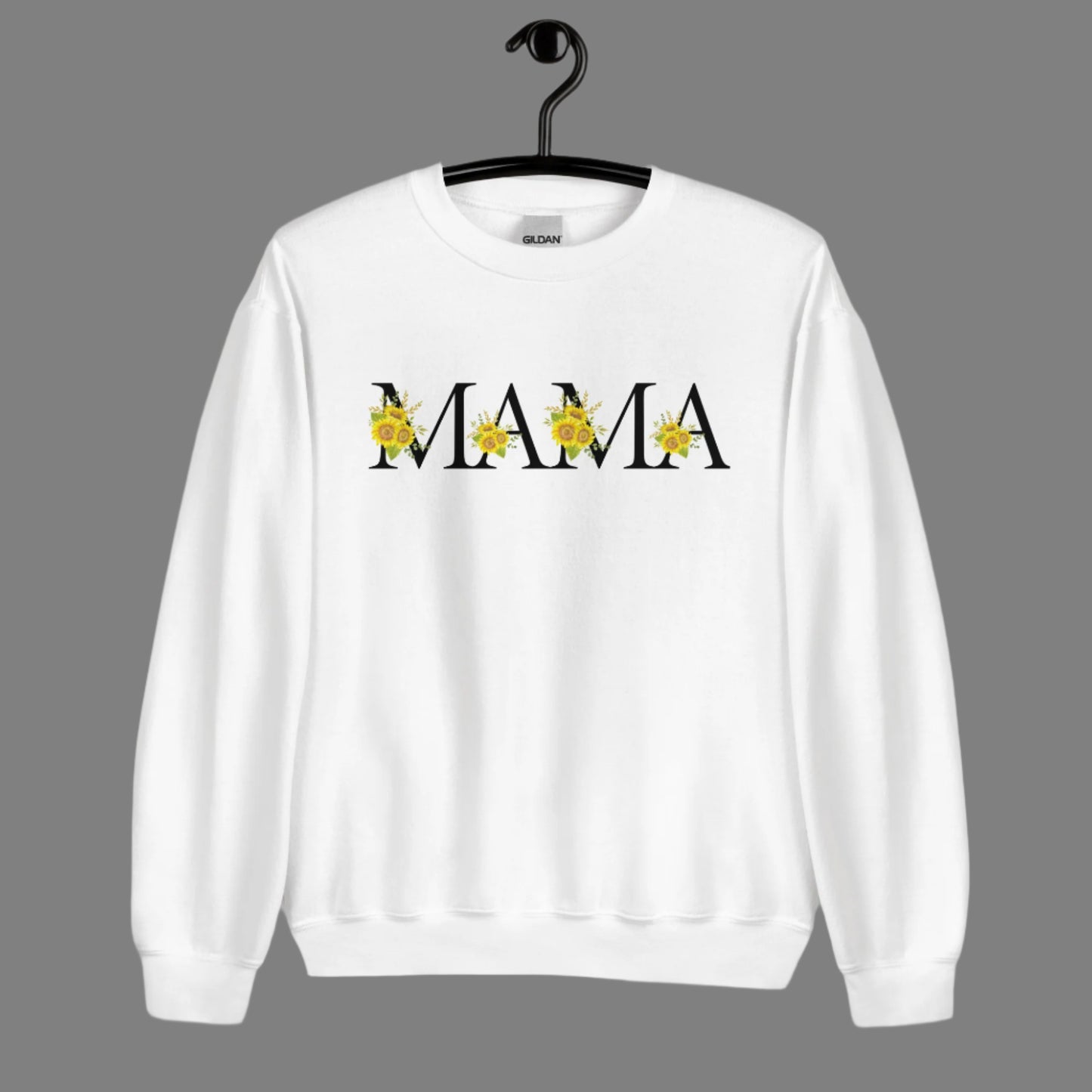 Image: MAMA sunflower tshirt, available in white, light pink and ash. This pullover crewneck features the word MAMA in large black block letters with sunflower calligraph accent. A great baby announcement gift or Mothers day present by jaecrece