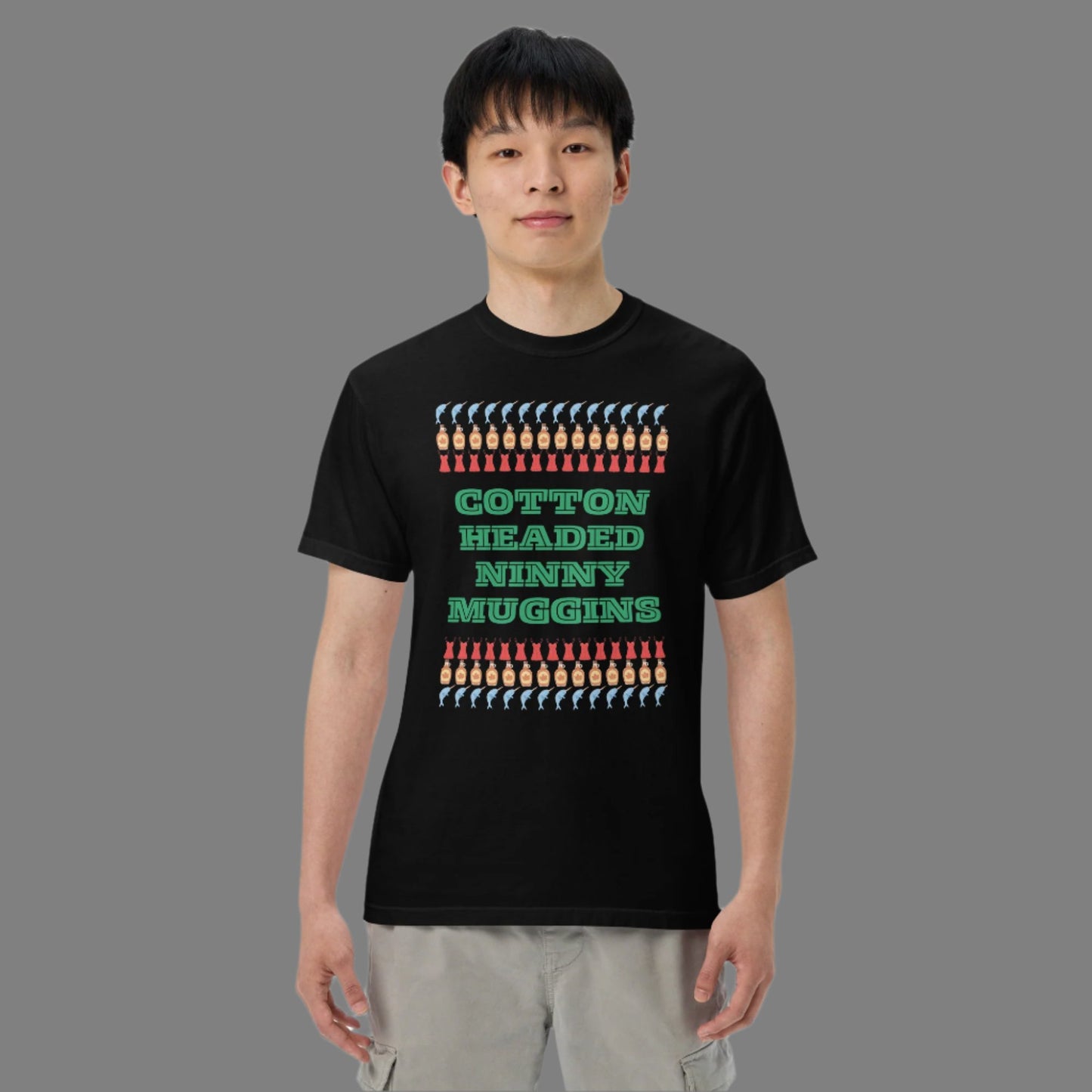 Cotton Headed Ninny Muggins T-Shirt - adult, men women holiday shirt for Elf Movie lovers in Black or white, features words “cotton headed ninny Muggins “ with narwhals, lingerie and maple syrup- all of Buddy the Elf’s favorite things- by jaecrece