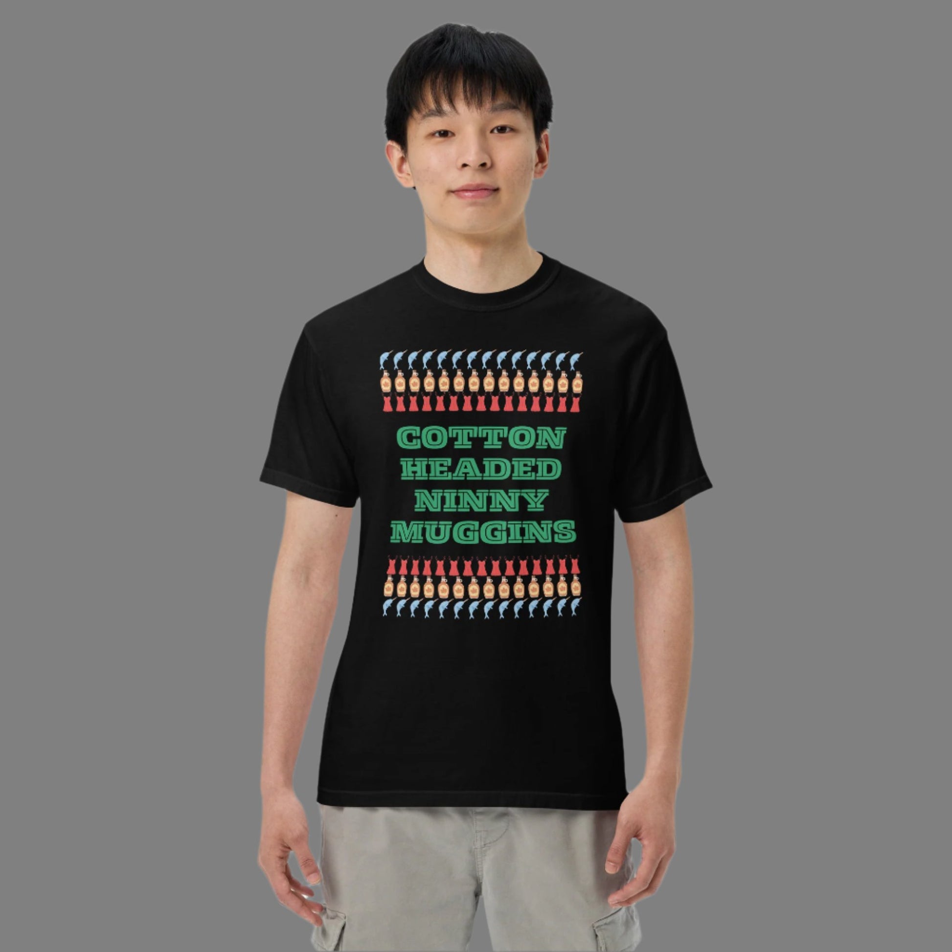 Cotton Headed Ninny Muggins T-Shirt - adult, men women holiday shirt for Elf Movie lovers in Black or white, features words “cotton headed ninny Muggins “ with narwhals, lingerie and maple syrup- all of Buddy the Elf’s favorite things- by jaecrece