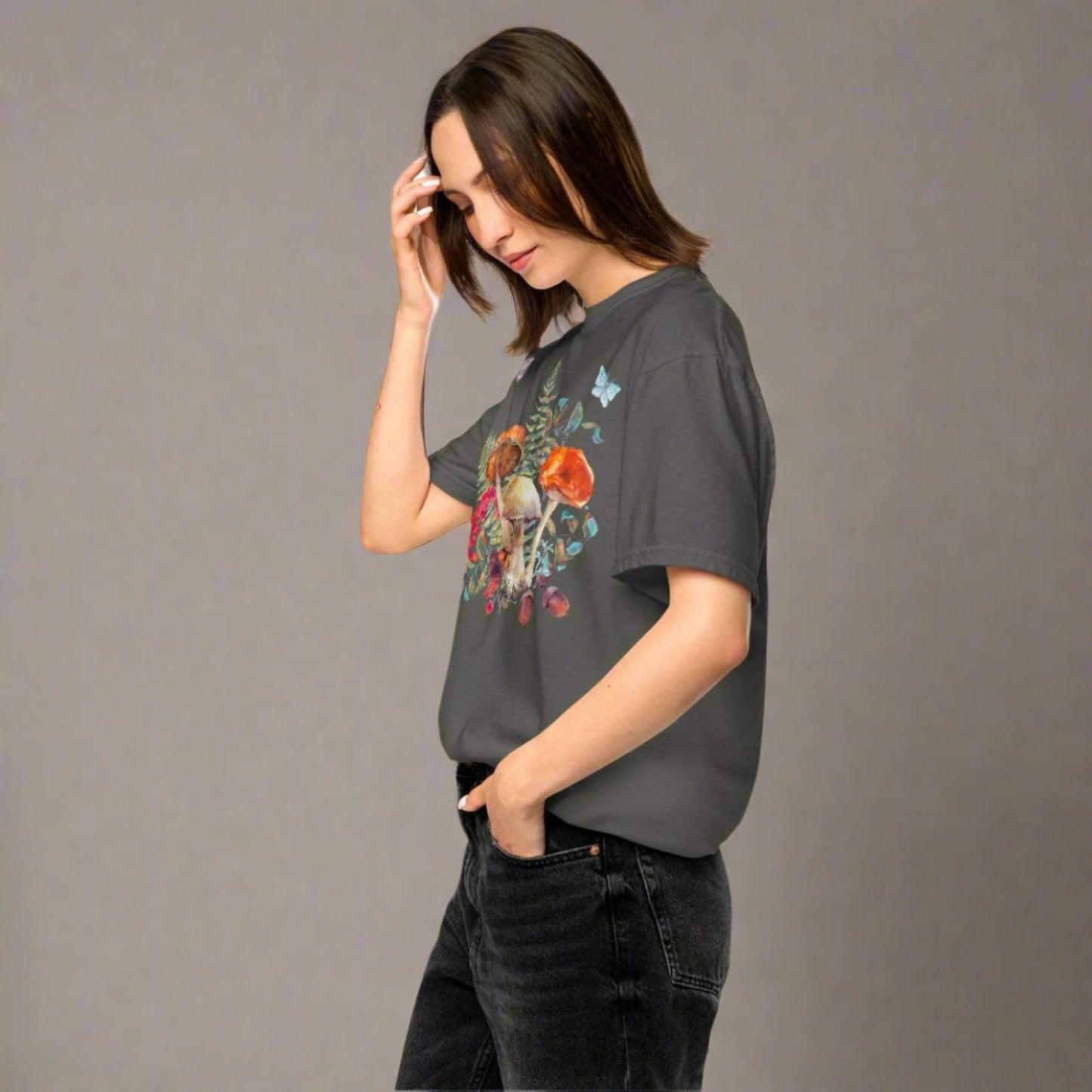 Boho Mushroom Botanical Shirt, available in Ivory, Blue Spruce, Butter, Granite and Pepper, with mushrooms, ferns, butterflies berries and acorns. Vintage Butterfly Floral Tee, Cute Cottage Fairycore Aesthetic Tshirt, Autumn Fall Nature Inspired Gift