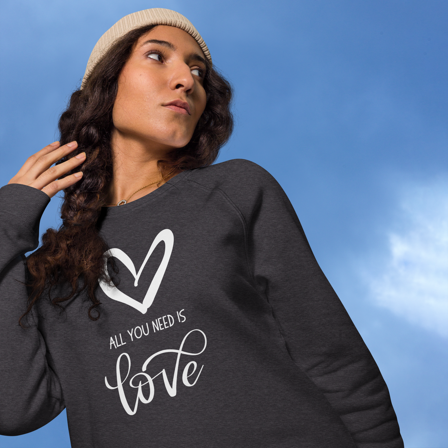 Image: All You Need is Love Womens Sweatshirt, made from Organic Cotton and Recycled Polyester. Makes a great birthday or Valentines Day gift, by jaecrece