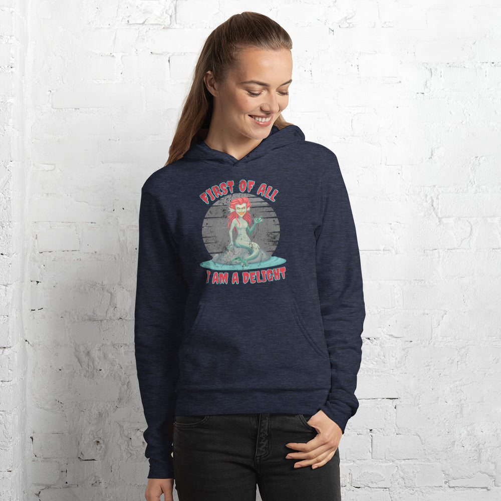 ‘First of all I am a delight’ evil siren funny Greek mythology unisex hoodie, by jaecrece.com