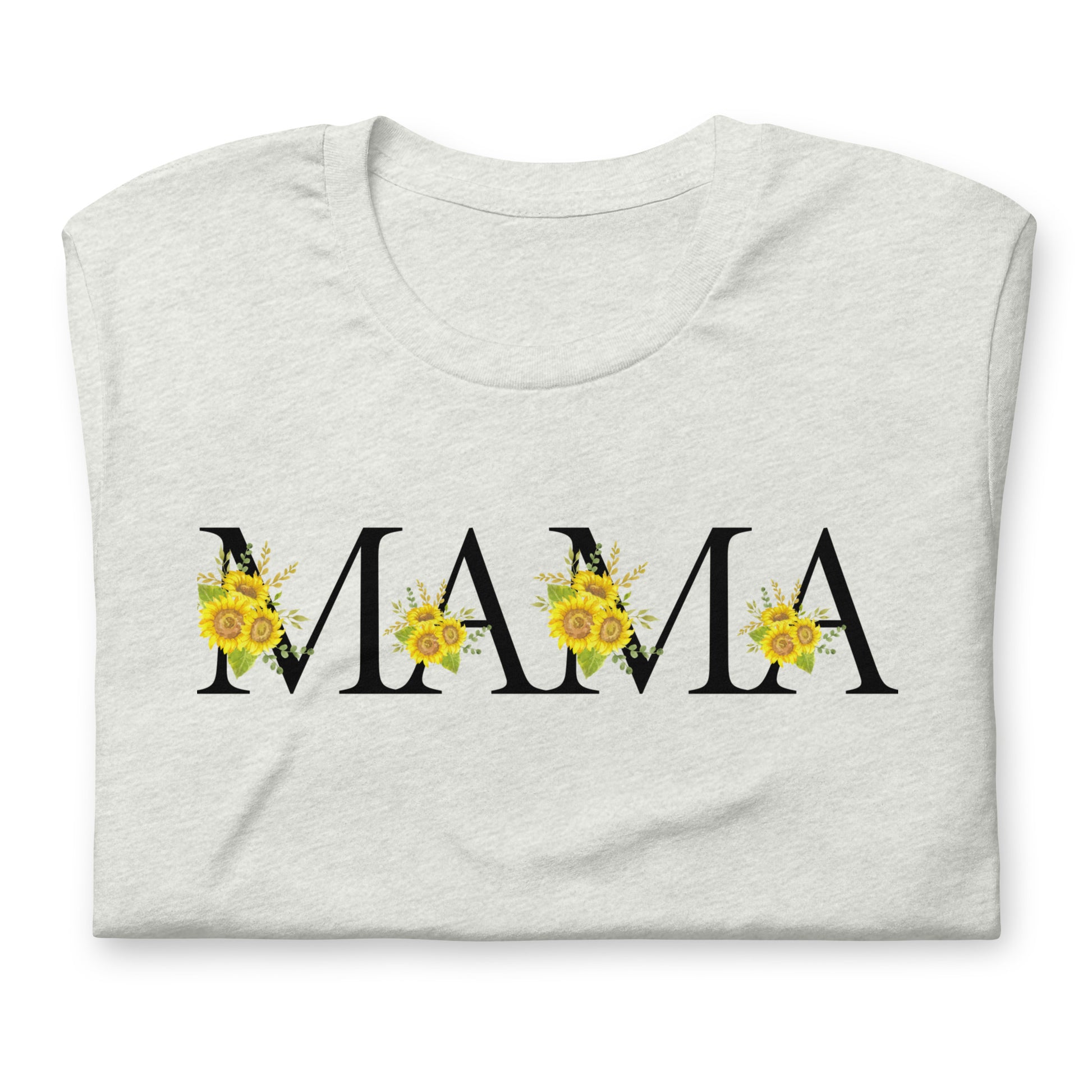 Image: MAMA sunflower tshirt, available in white, light pink and ash. This pullover crewneck features the word MAMA in large black block letters with sunflower calligraph accent. A great baby announcement gift or Mothers day present by jaecrece