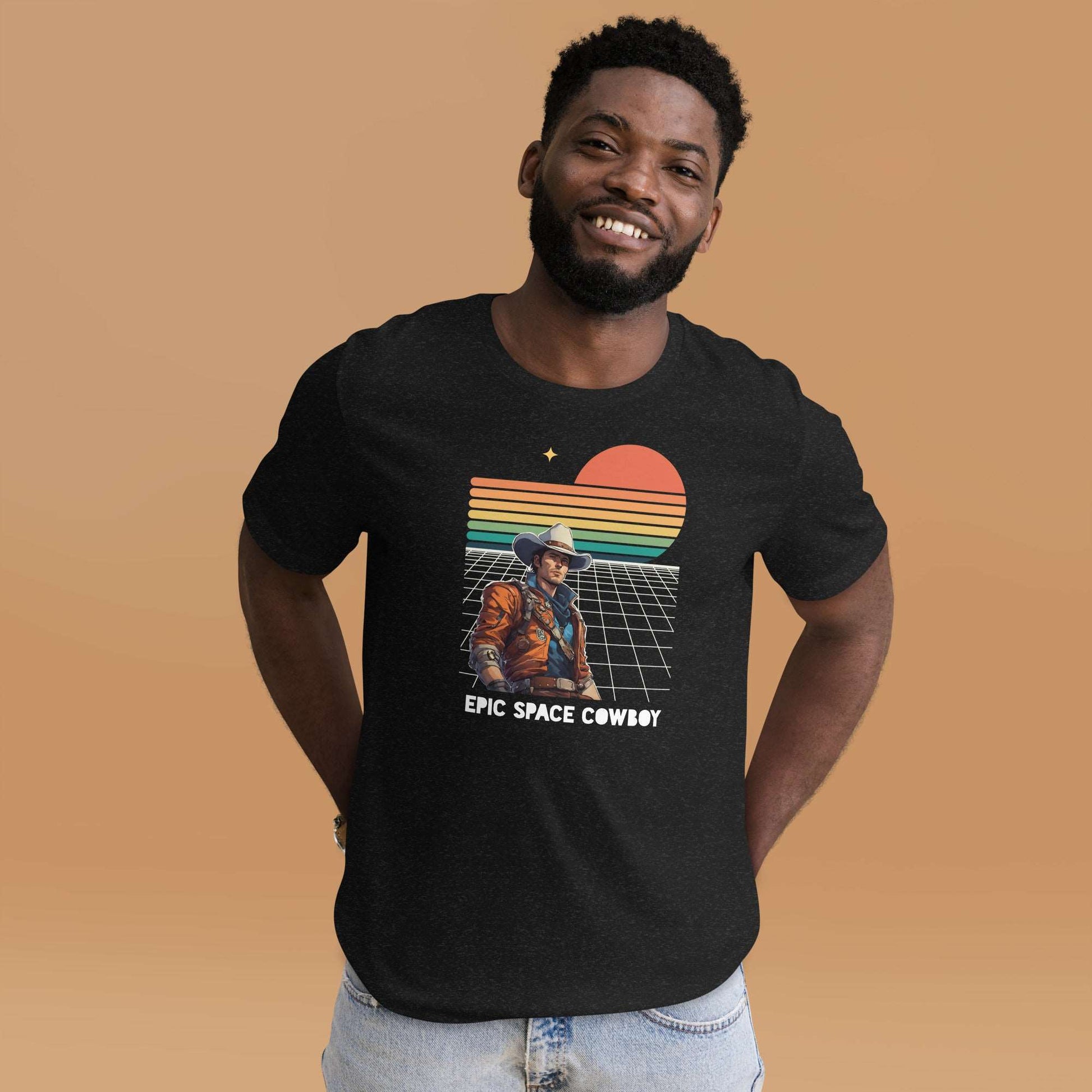Epic Space Cowboy Adult Shirt- black men’s crewneck T-shirt featuring a retro futuristic space scene and a man in a cowboy hat, by jaecrece